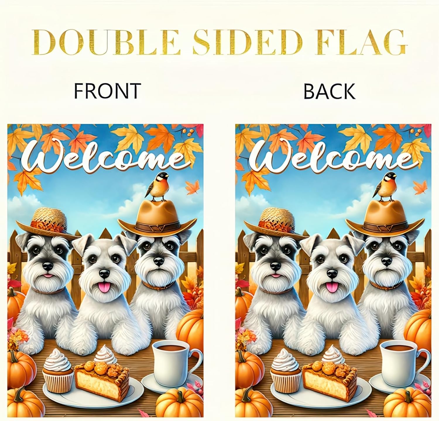 Fall Schnauzer Welcome Garden Flag 12x18 Inch Double Sided Fall Yard Banner with Three Schnauzer Puppies Pumpkins Coffee and Pie for Thanksgiving Porch Patio Outdoor Autumn Decoration - Image 6