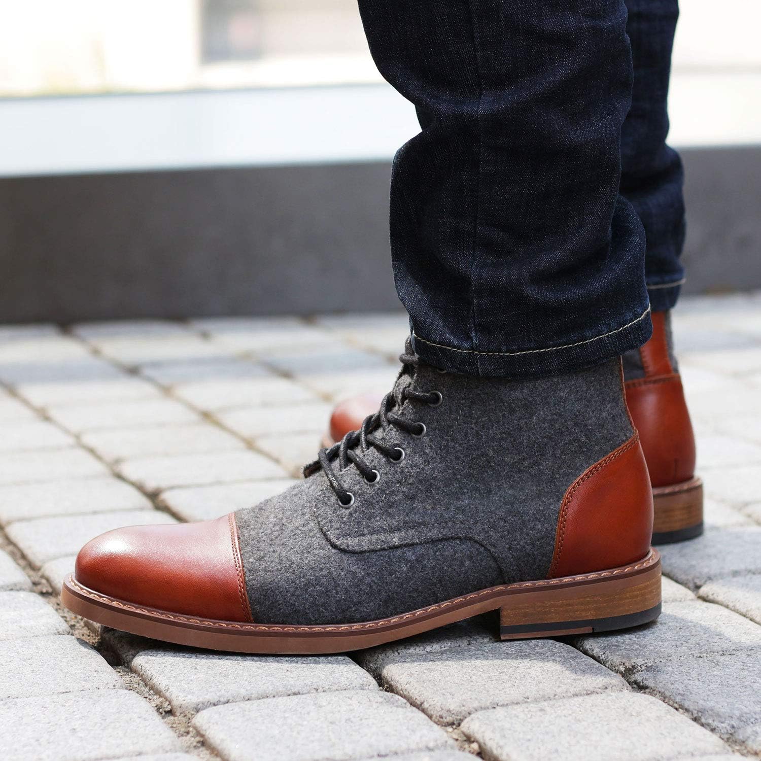 La Milano Mens Winter Dress Boots Cap Toe Lace up Genuine Leather Oxford Comfortable Casual Wool Ankle Jack Boots for Men, Cosy-1-cognacgrey, 7.5 - Image 3