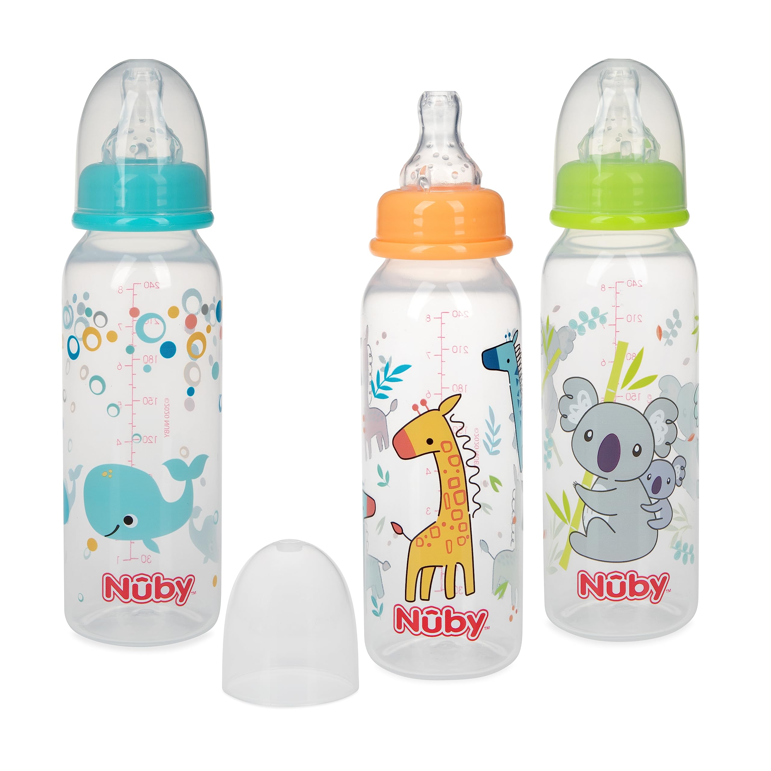 Nuby Printed Non-Drip 8oz Bottle, 3 Pack - Aqua, Orange, Green