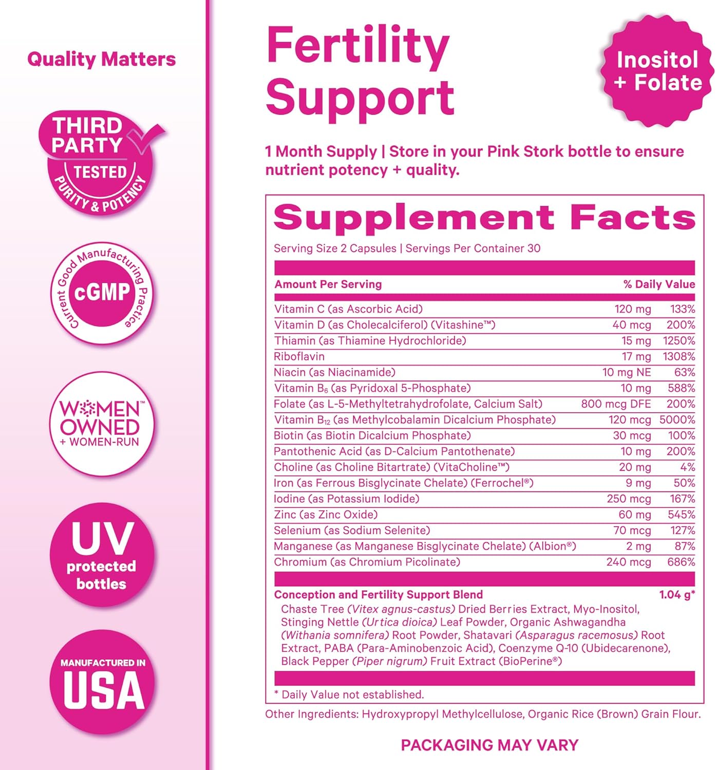Pink Stork Fertility Supplements for Women | 2-in-1 Conception Support with Inositol, Folate + CoQ10 | Cycle Regularity, Hormone Balance + Reproductive Wellness | 60 Capsules - Image 6