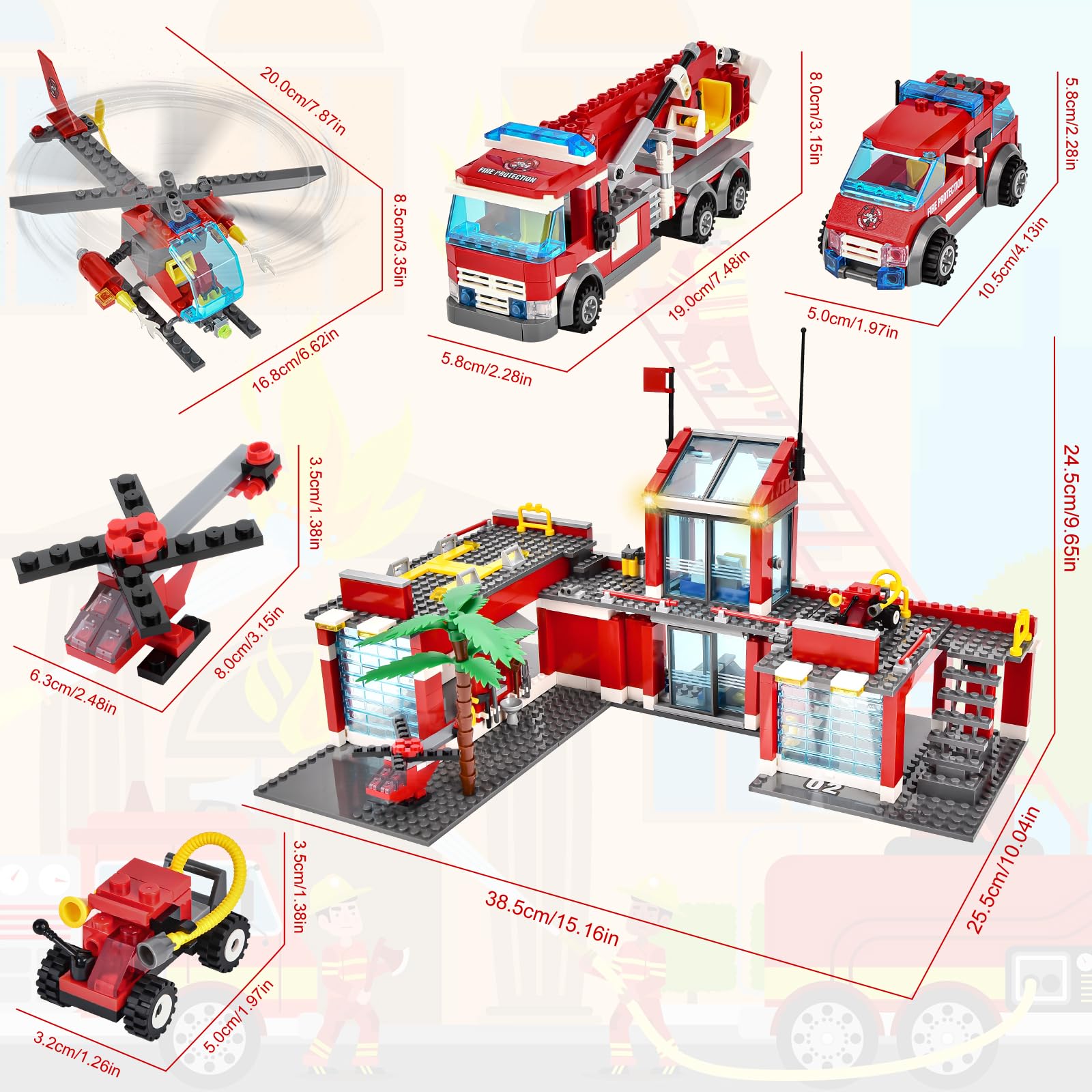 YOOHBERRYS Caserma dei Pompieri Costruzioni 827+ Pezzi per Bambini 8+ Anni | 6-in-1 City Pompieri Vigili del Fuoco, Elicottero, 2 Mezzi di Soccorso, 2 Autopompe, Idea Regalo Giocattoli Ragazzi Ragazze