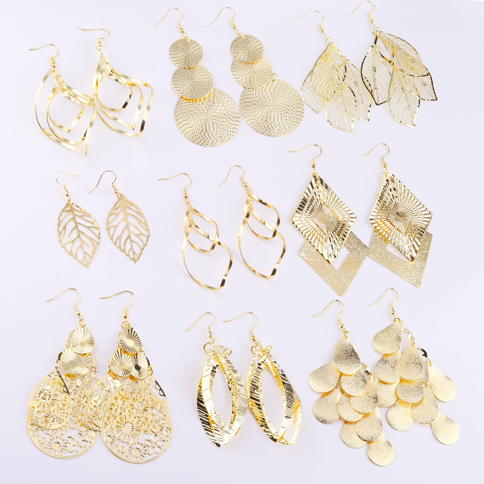 ASH'S CHOICE Pendientes Colgantes Para Mujer y Niña, Juego De Pendientes Bohemios Con Varios Ganchos, Redondos/Prisma/Pluma/Cadena/Ondulado Trenzado Simple/Doble Cordón/Flor/Corazón/Hoja/Largo