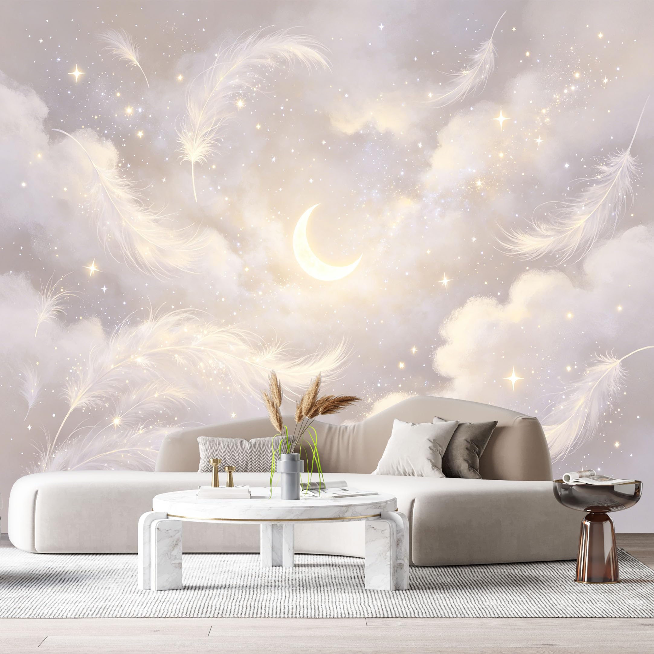 Custom Size Wall Murals Minimalist Abstract Watercolor Crescent Moon Floating Feathers Night Sky SelfAdhesiveWall Fabric Removable Wallpaper Wall Decor for Living Room Bedroom Bathroom