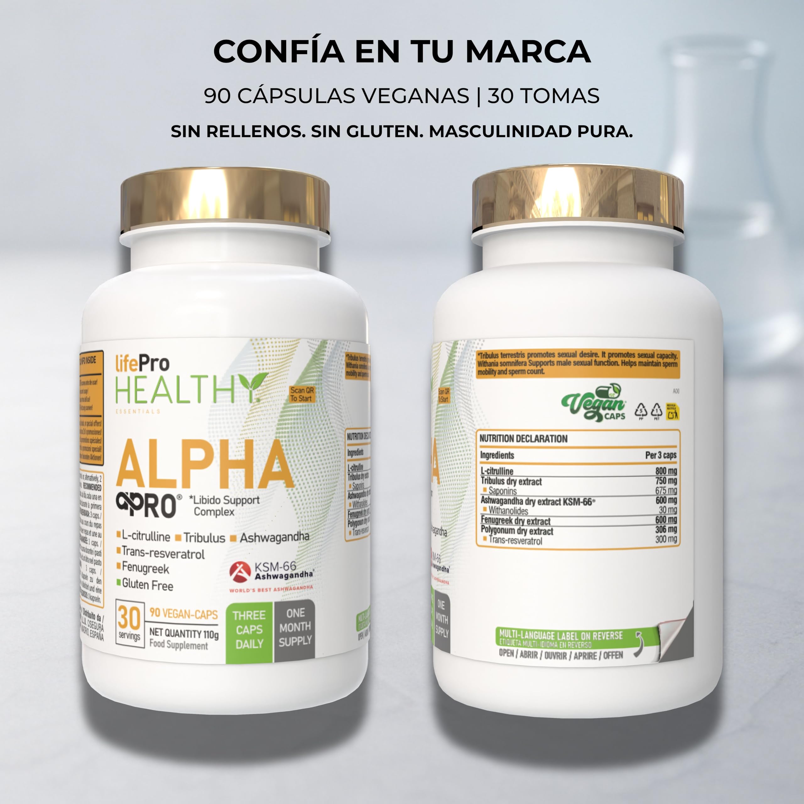Potenciador testosterona y libido hombre, Tribulus Terrestris 90% Saponinas – Alpha Pro – Fórmula 5 en 1 con KSM-66® Ashwagandha, Fenogreco, L-Citrulina y Resveratrol – Fuerza, Energía y vitalidad.