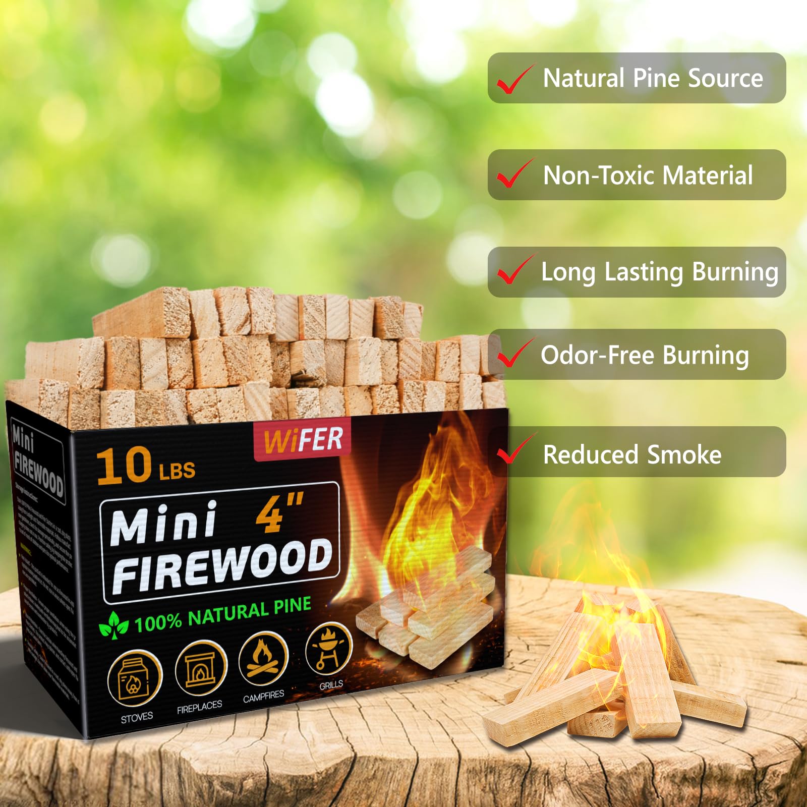 Mini-Feuerstab mit Feuerstarter und Zange, 10,2 cm, ofengetrocknetes Kiefernholz, tolles Brennholz für Holzöfen, Tisch-Feuerstelle, BBQ-Grill, Pizzaofen, Solo-Herd-Zubehör, Grillzubehör, 4,5 kg