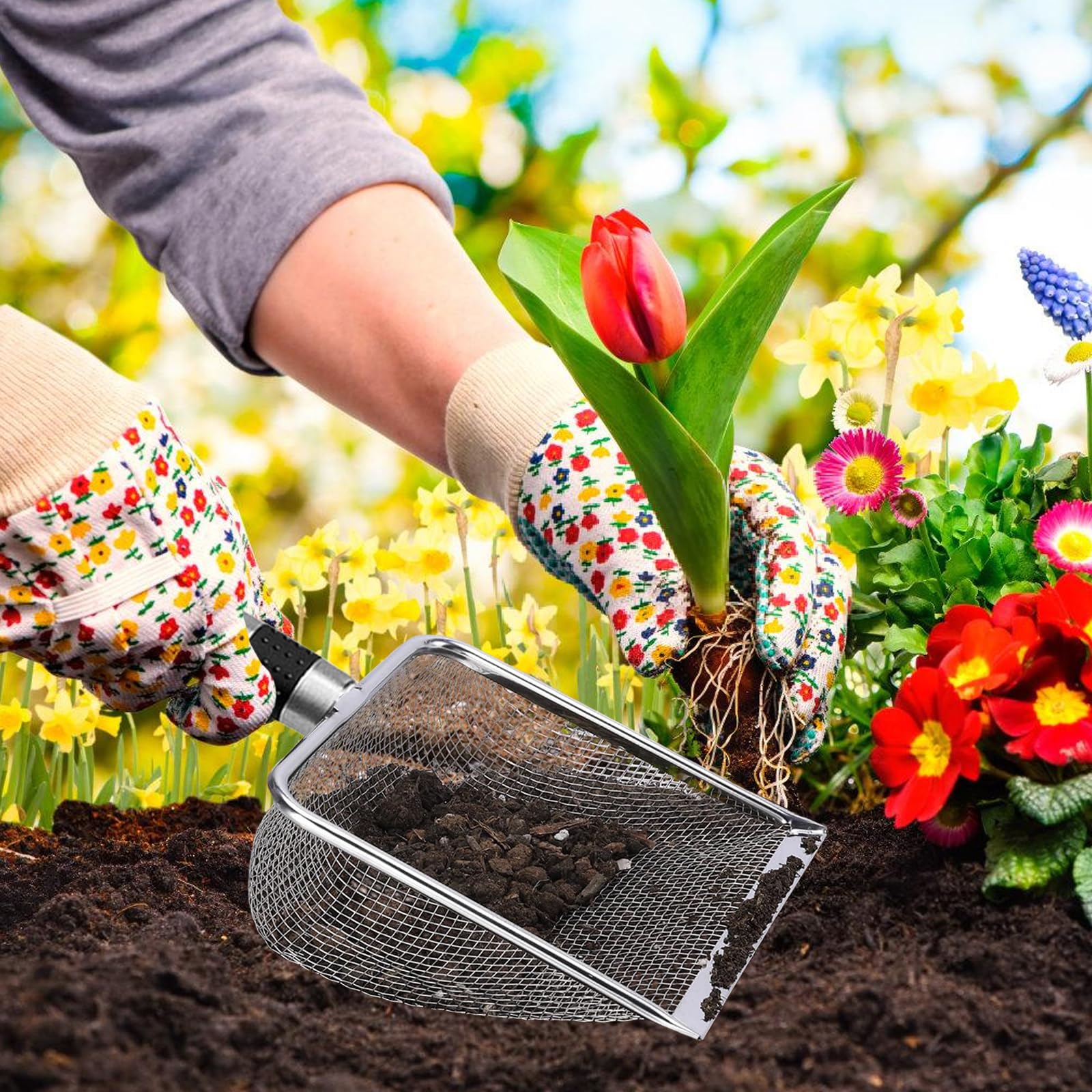 PORFOYO Setaccio da Giardino in Acciaio Inox, 4 Pezzi Setaccio per Terreno per Giardinaggio E Compost, Colino per Sabbia Terra Rocce Cortile Vasi, con Manico Inox, Maglia, Maglia 2/2,8/3,8/5mm
