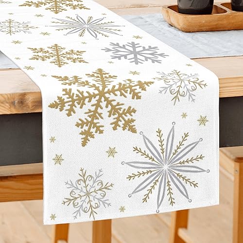FJPT Camino de mesa de Navidad con copos de nieve de oro blanco, decoración de Navidad para interiores y exteriores, cocina, comedor, sala de estar,