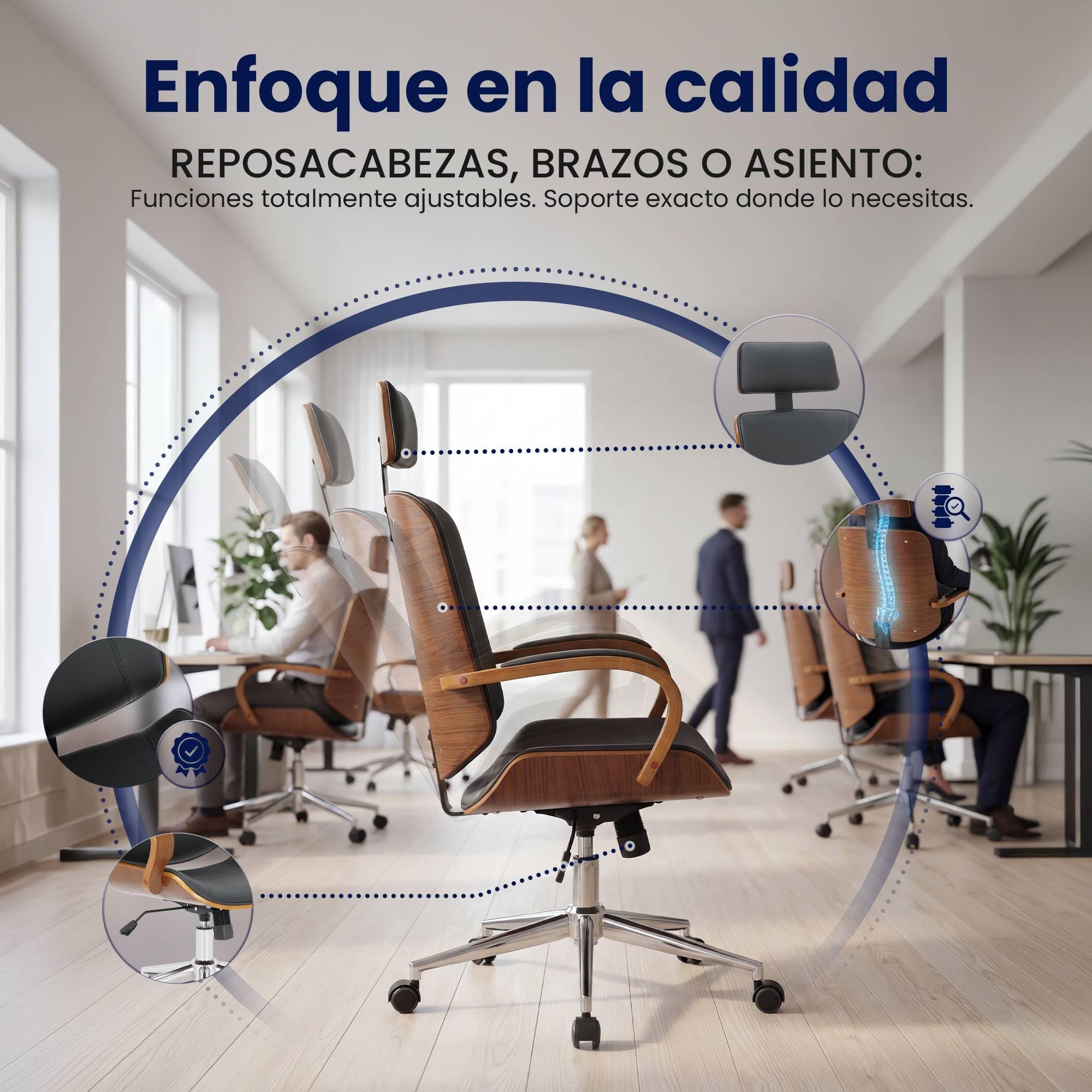 CLP Silla de Oficina Dayton con reposacabezas, giratoria Regulable en Altura, Polipiel, Funcion basculante, hasta 150 kg Color:Nuez/Negro