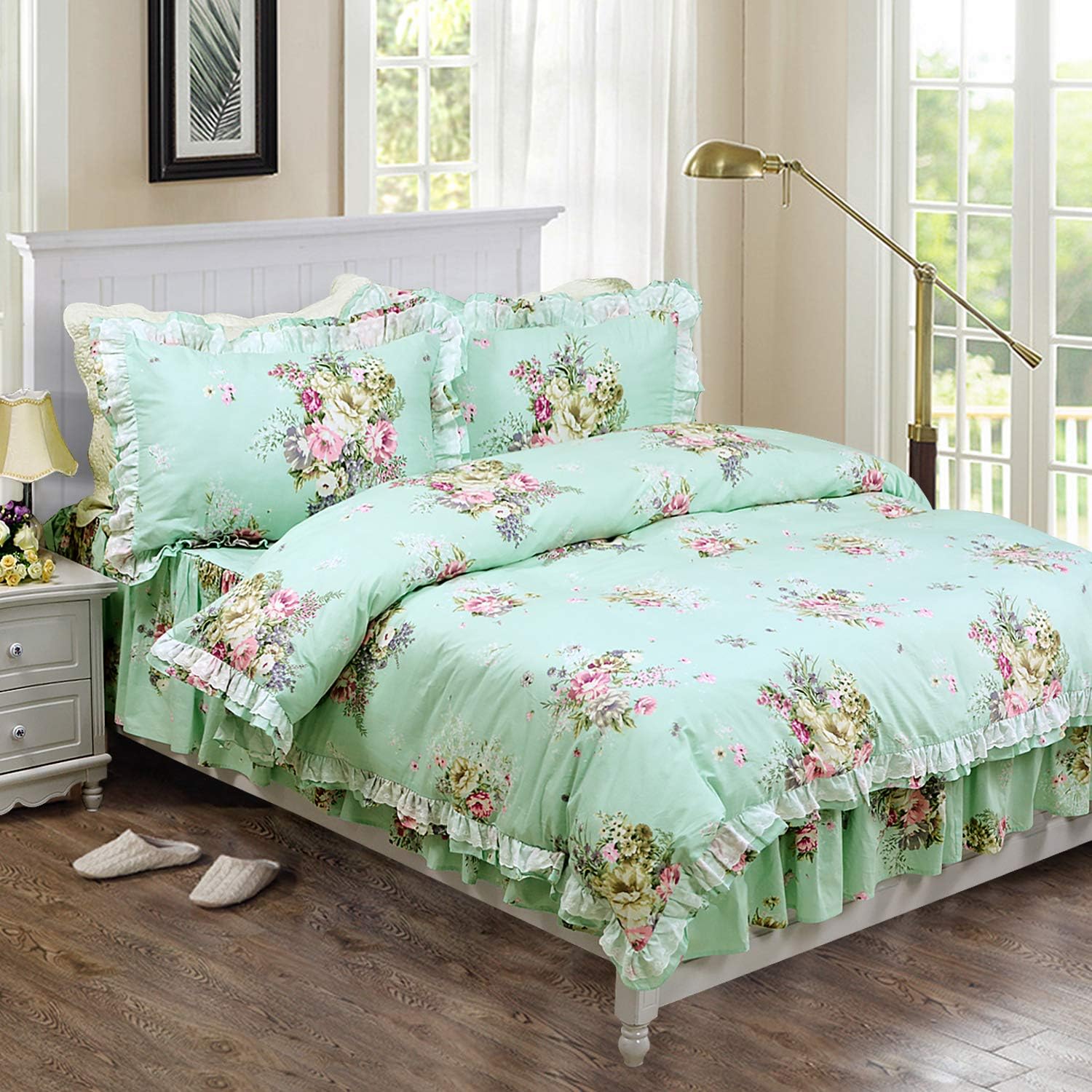 FADFAY Shabby Green Floral Bedding 100 Cotton Princess