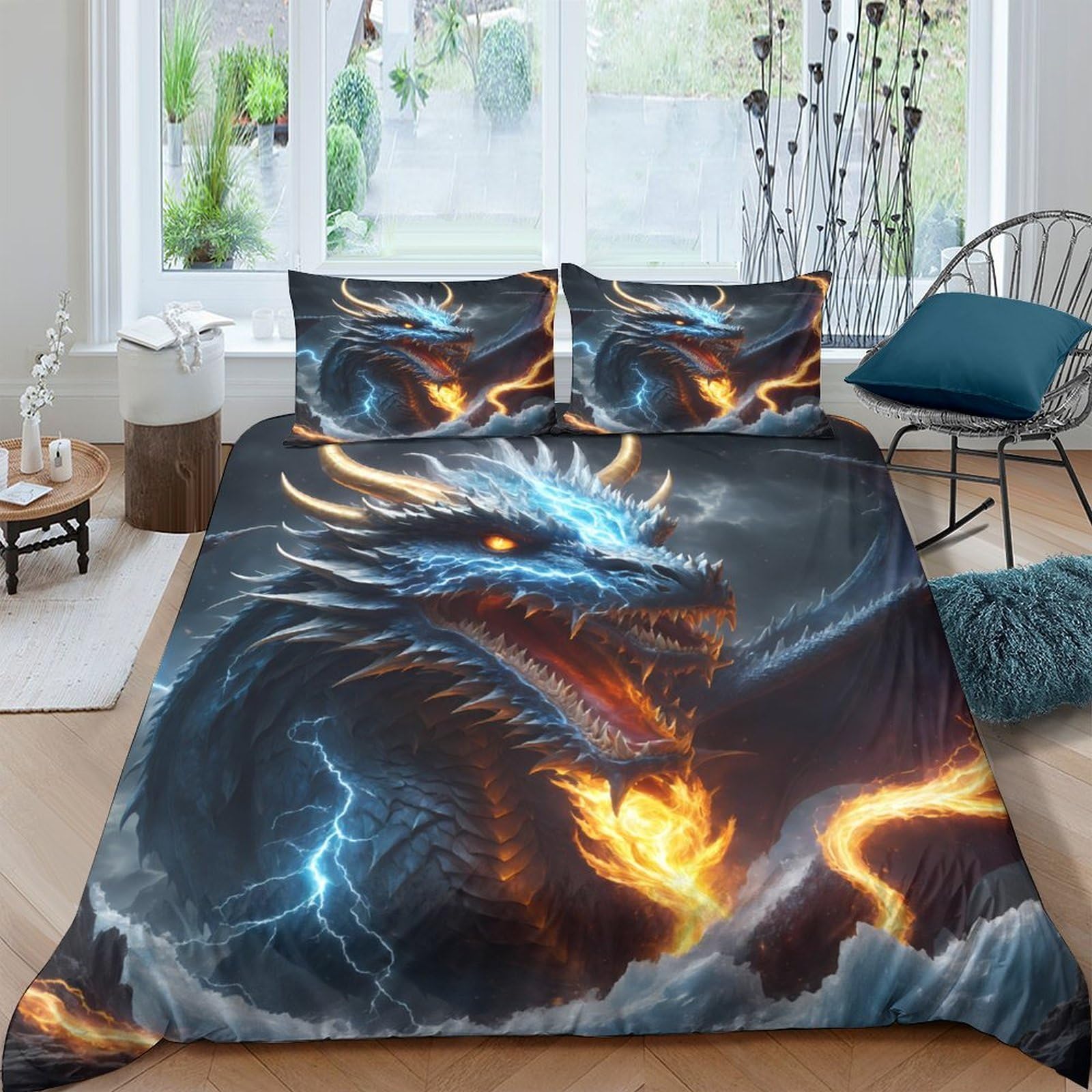 GPLZQXKJNH 3D Printed Fire Dragon Duvet Cover Microfiber Soft Breathable Lightning Fantasy Bedding Set with 2 Pillowcases for Bedroom Decor Single（135x200cm）