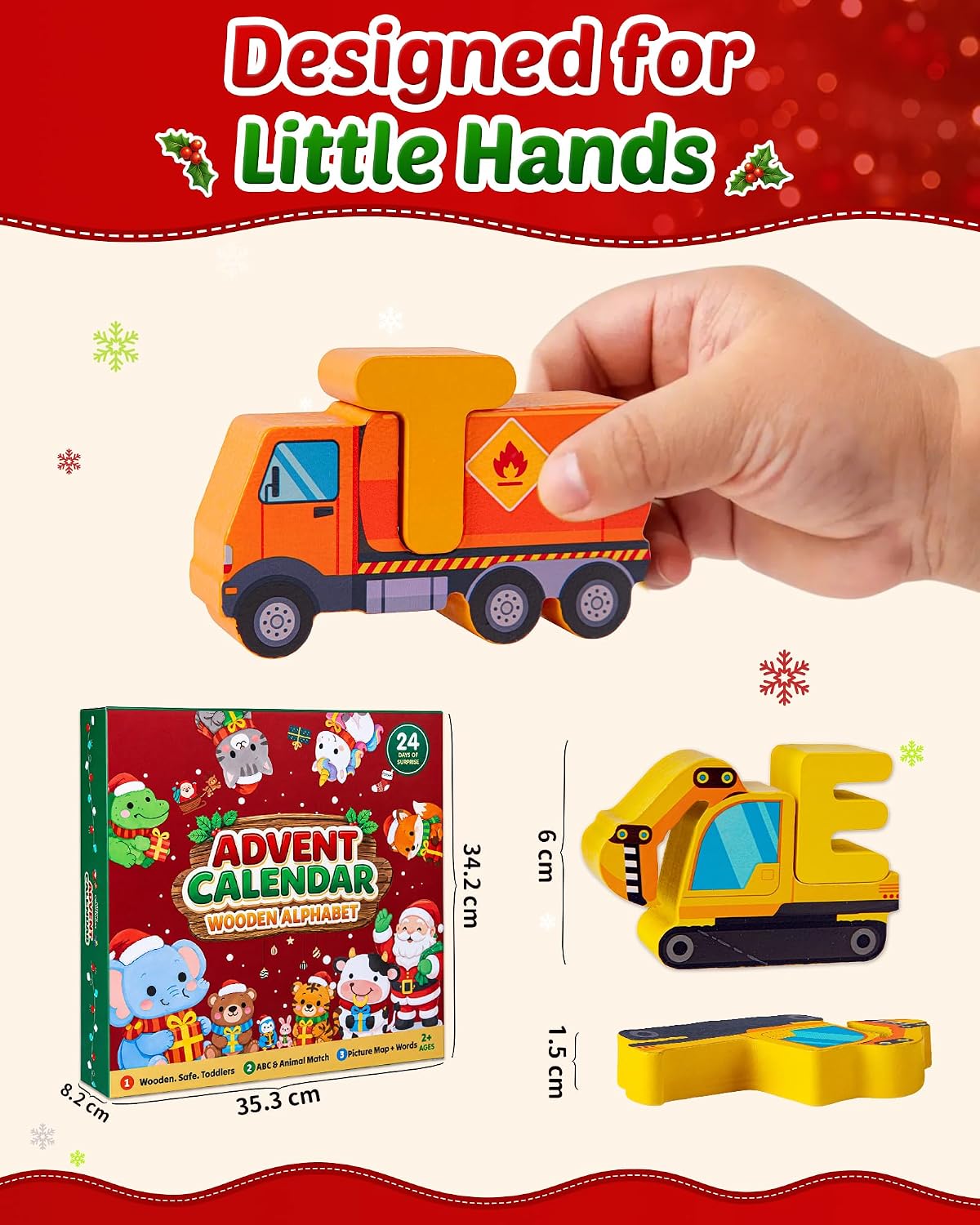 Advent Calendar 2026 Vehicle Alphabet Matching Puzzles for Toddlers 26 PCS | Learn Through Play, Vehicle Picture & Word Matching Chart, Fine Motor & Cognitive Development, Screen-Free Play, Durable Wood