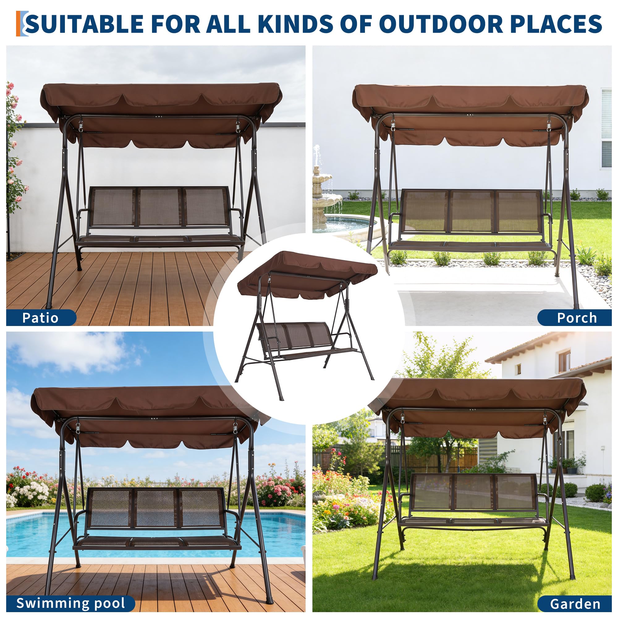 Garvee Balancelle de Jardin 3 Places, Toit Inclinable Réglable, Assise et Dossier Ergonomiques en Textilène Respirant, Structure en Acier Époxy Anticorrosion, pour Terrasse et Jardin