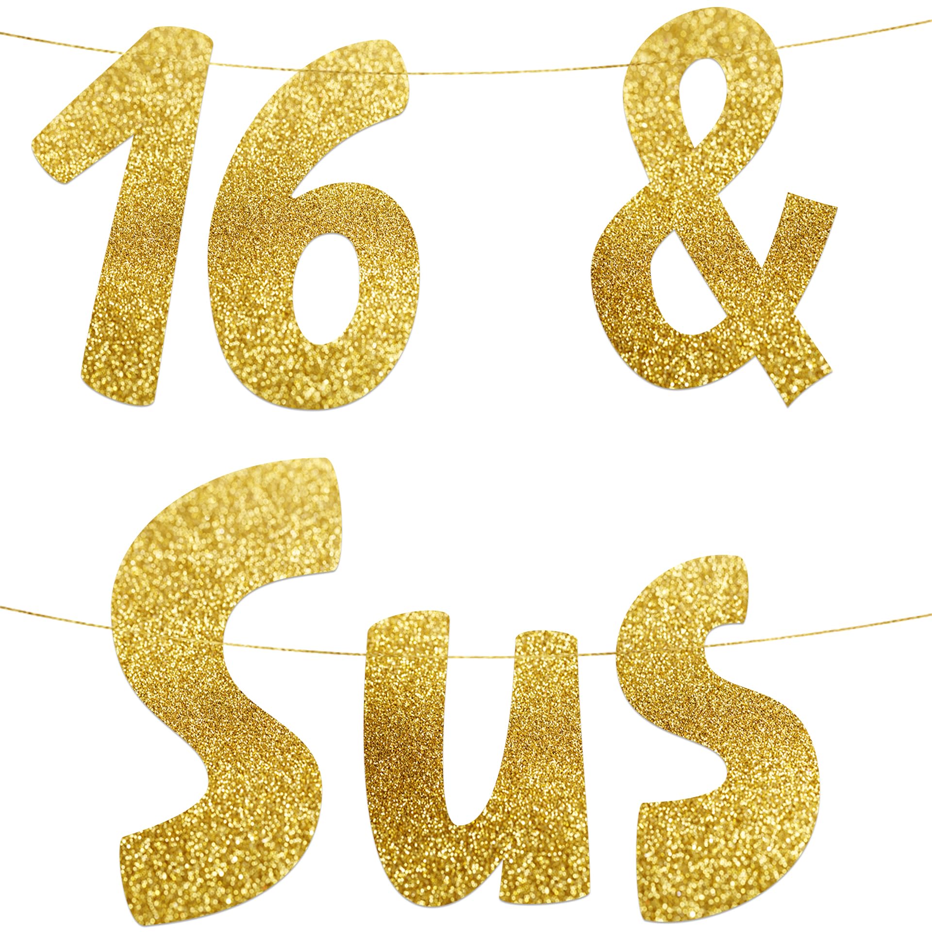 Pre-Strung 16 & Sus Gold Glitter Banner - 16th Birthday Decorations for Teen Boys and Girls - Birthday Party Supplies and Gifts