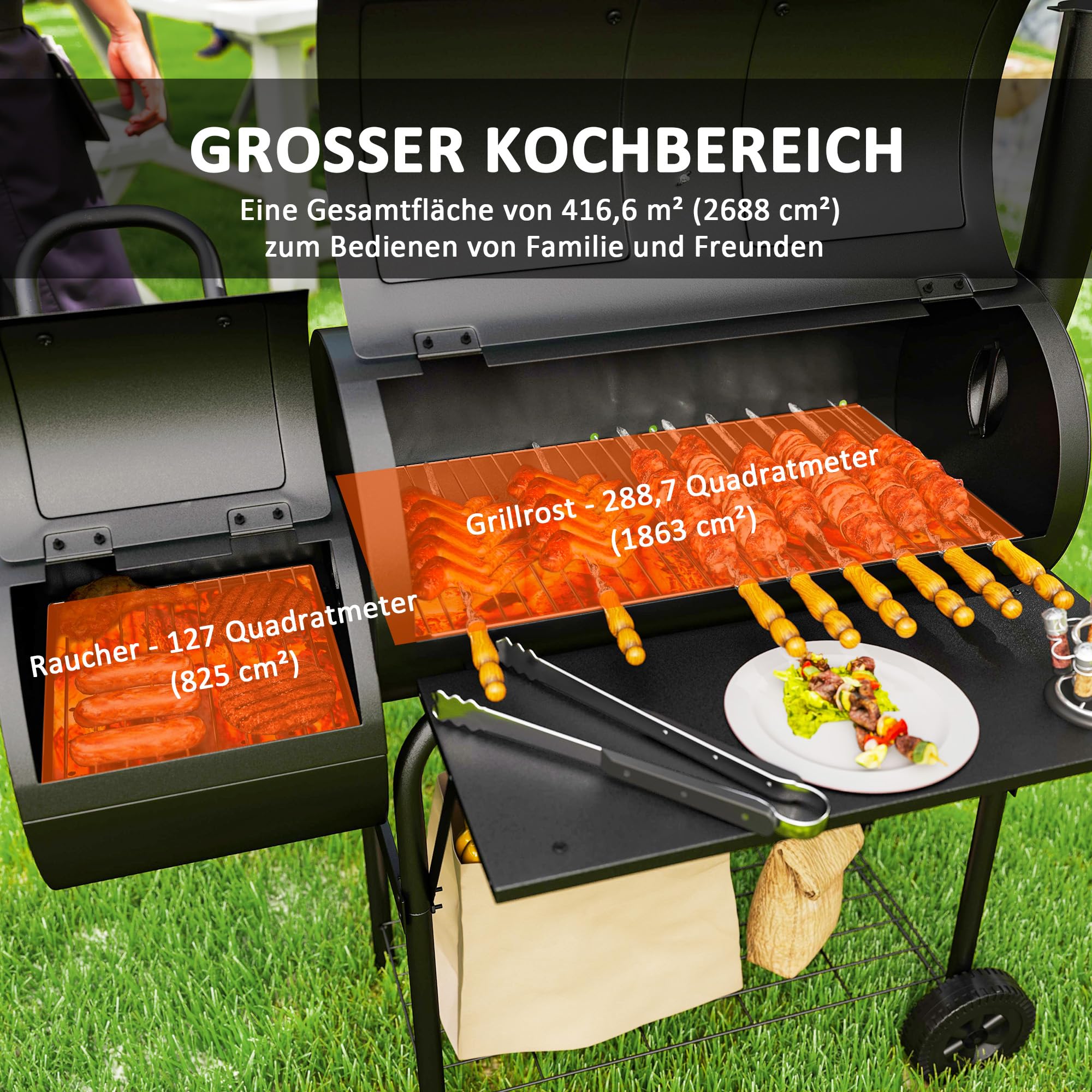 Outsunny Grill na węgiel drzewny ze stali, BBQ Smoker z pokrywką, termometr, kółka, wózek na kółkach z dopływem powietrza, pojemnik na węgiel węglowy, na kemping, do ogrodu, 109 x 60 x 120 cm