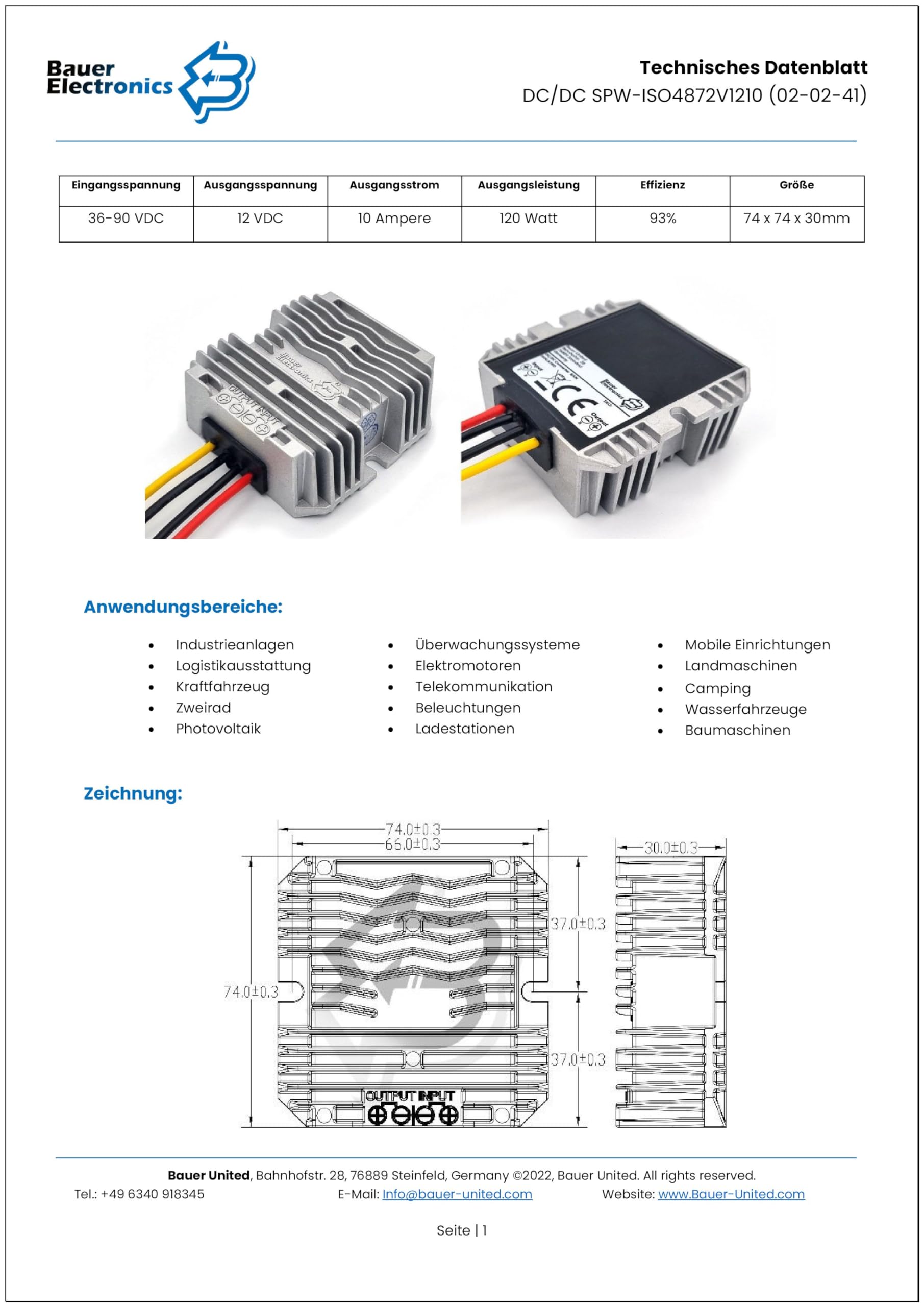 Spannungs-wandler DC-DC 48V auf 12V, 10A 120W, isoliert