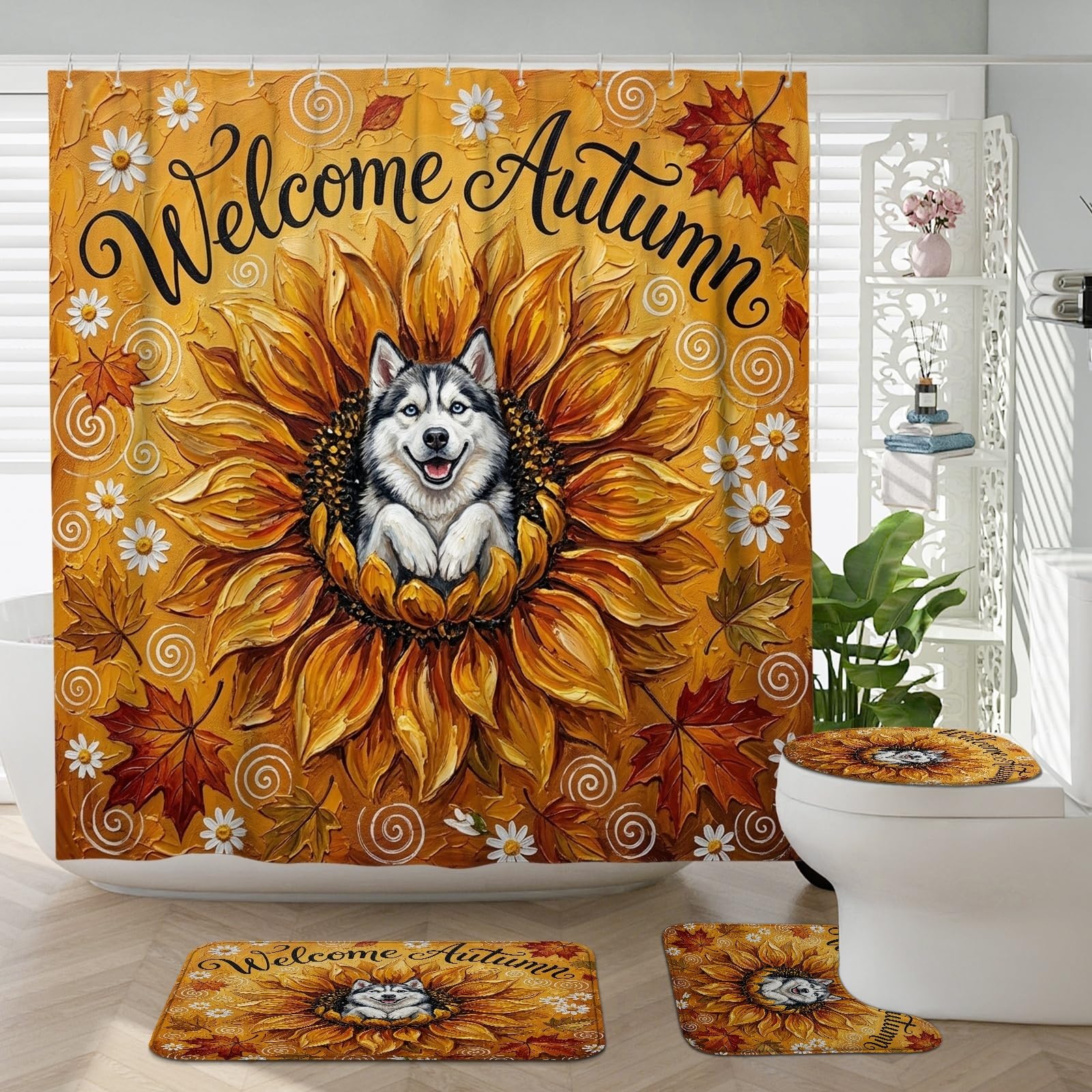 Rideau de douche husky d'automne 183x183 cm avec ensemble tapis de bain 4 pièces