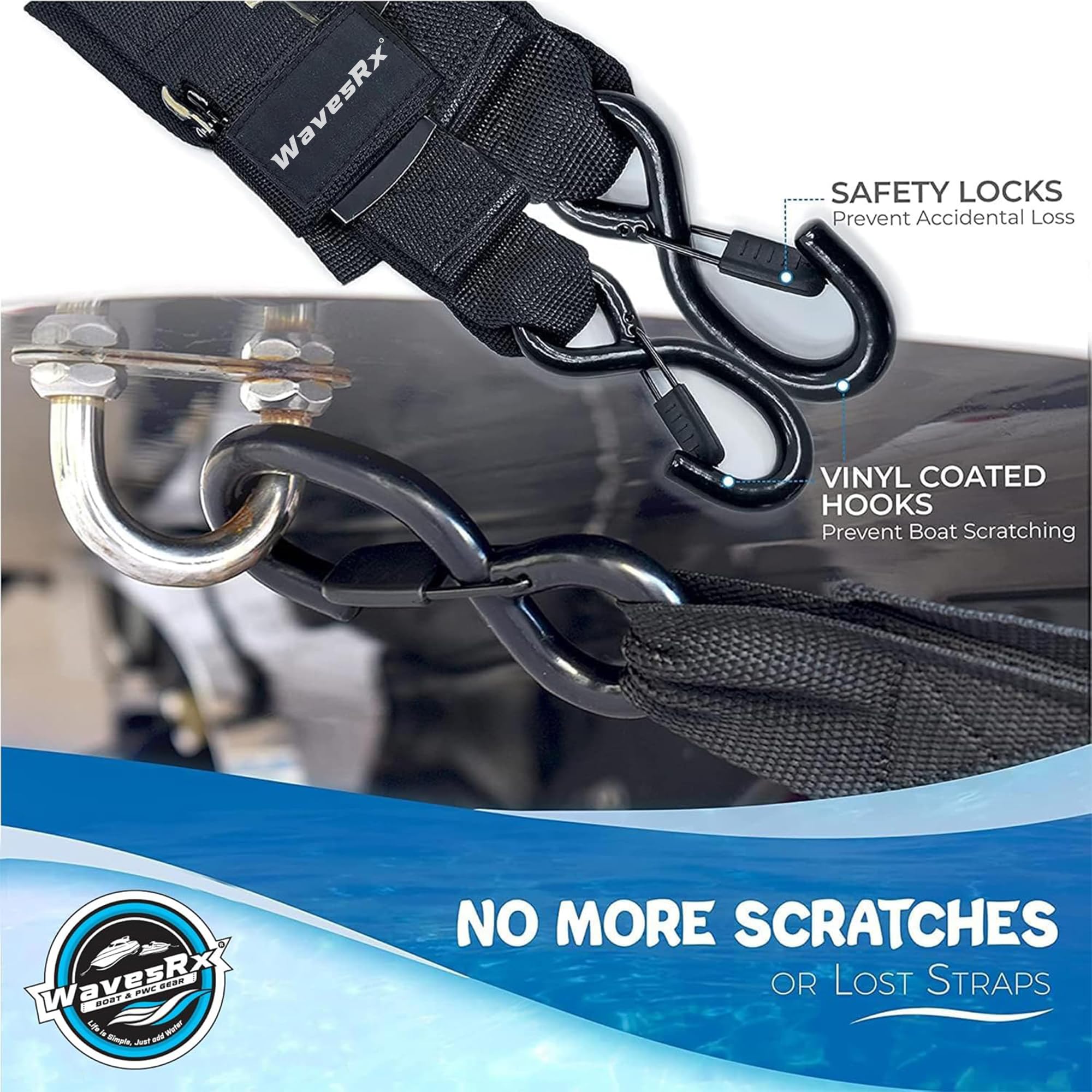 WavesRx Premium Boat & Jet Ski Trailer Transom Straps - Marine Tie Downs - Adjustable Via Quick Release Buckle (2"x48" (2PK))