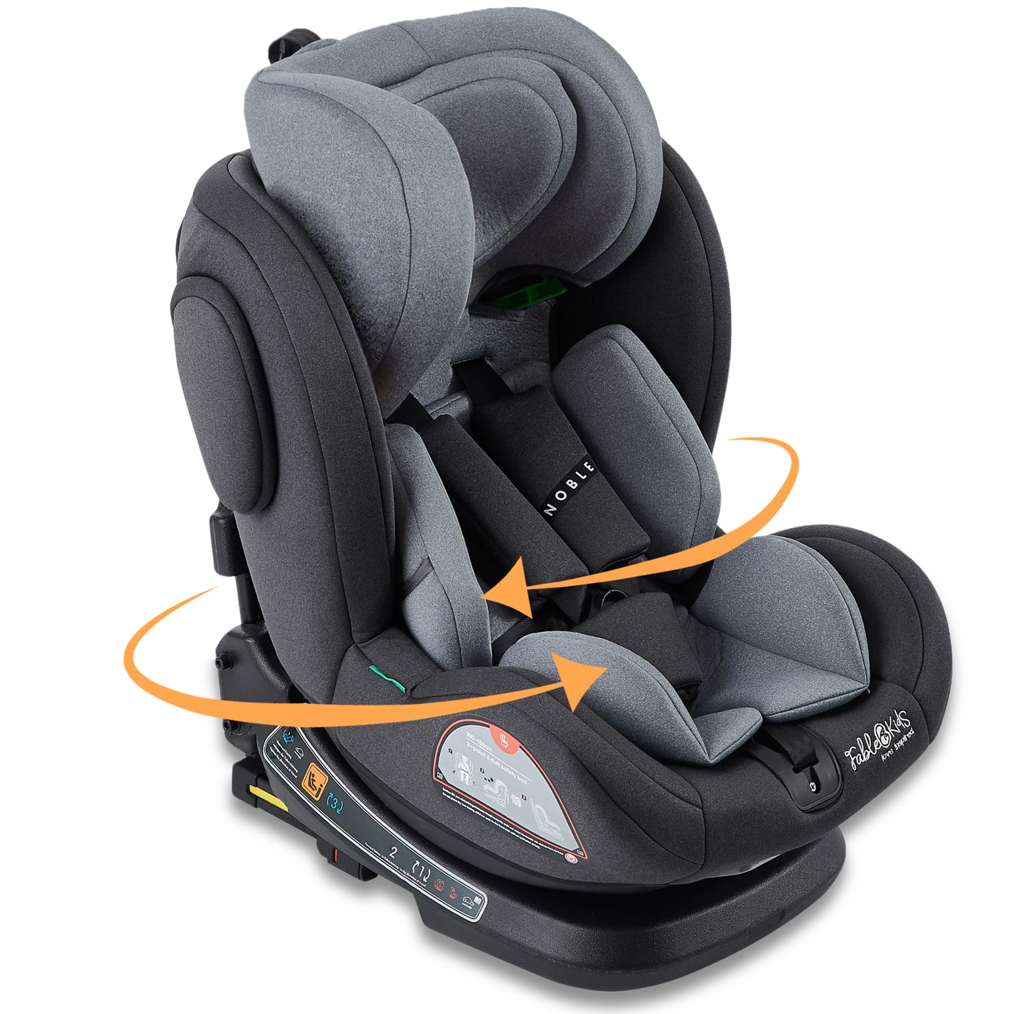 FableKids Kinderautositz mit Isofix | 360° drehbar | Autokindersitz | Autositz | Kindersitz i-Size 40-150cm | 5-Punkt-Sicherheitsgurt | 8-fach einstellbare Kopfstütze ECE R129/03 | Grau