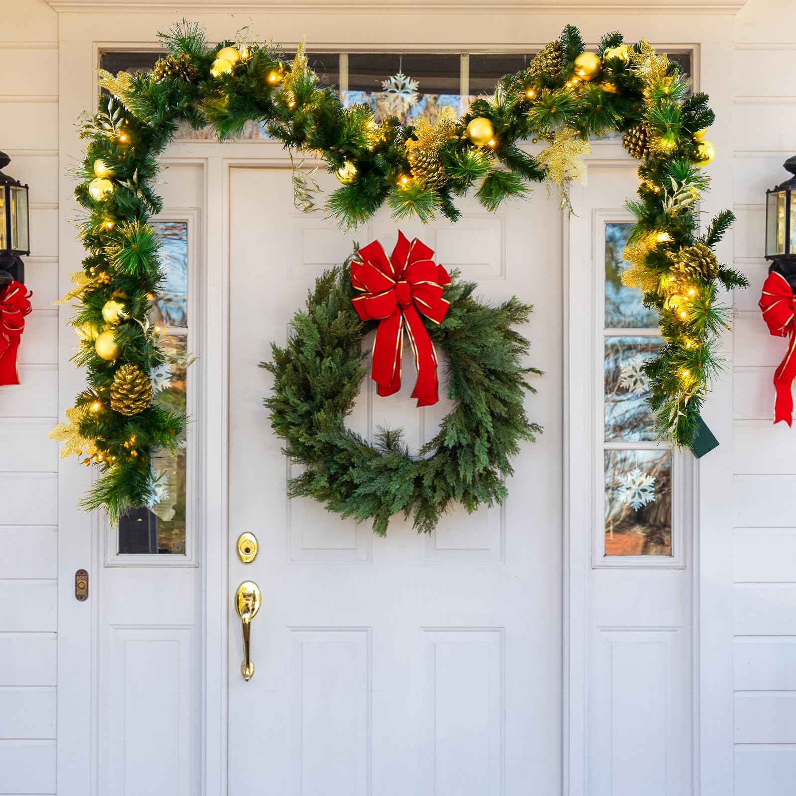 KOMFOTTEU 270 cm Guirnalda de Navidad con 50 Luces LED, Guirnalda de Abeto Artificial con Función de Temporizador, Decoración Navideña con para Escalera, Chimenea (Verde y Dorado)
