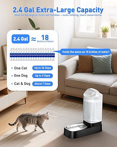 Miniatura 3 de Dispensador automático de agua para perros con filtro, 2.4 galones de gravedad grande, alimentador automático de agua para mascotas con cuenco de