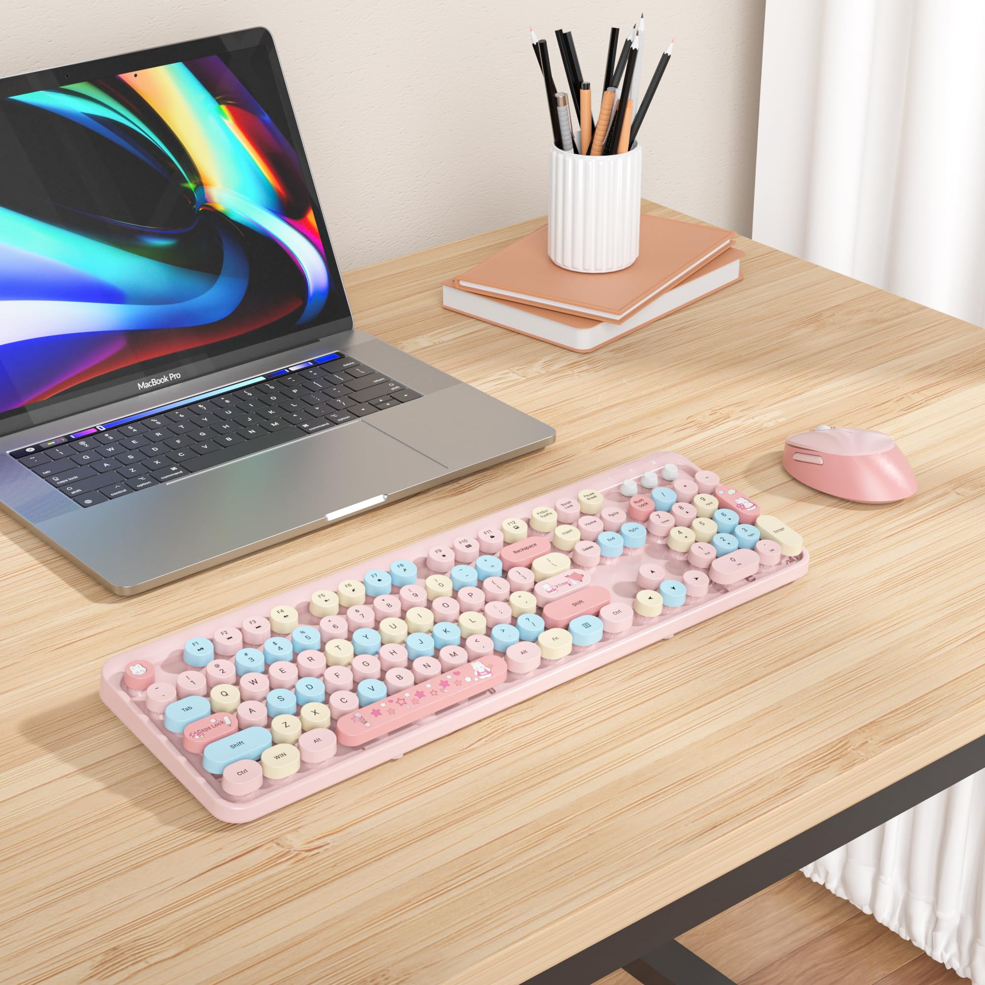 SOLIDEE Combo Tastiera e Mouse Wireless,tastiera macchina da scrivere retro,Tastiera per Computer con Tasti Rotondi 2.4GHz con Tastierino Numerico,Tastiera a 104 Tasti(Americana QWERTY)(Mixed Pink)