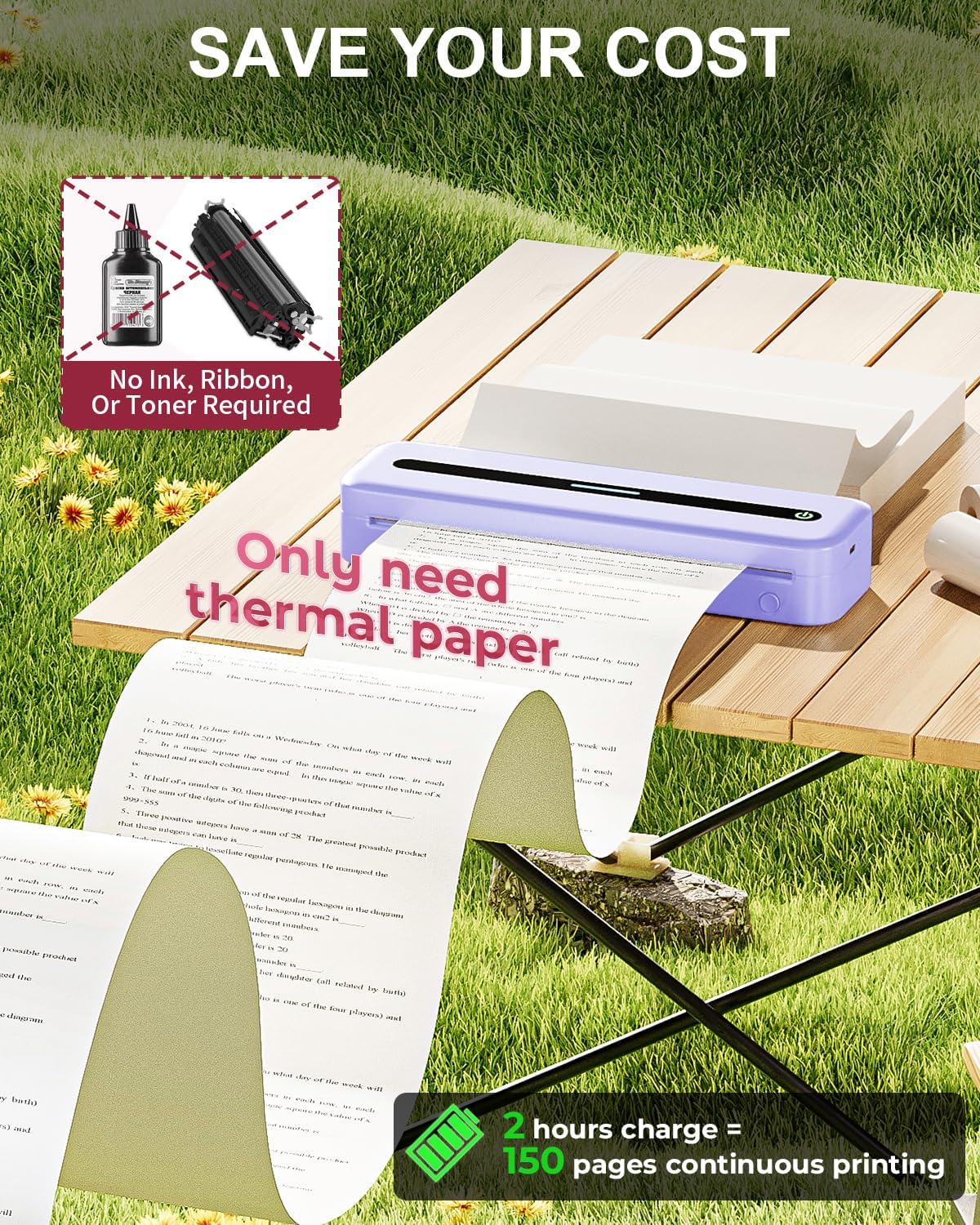 COLORWING Portable Printers Wireless for Travel, 300DPI Mini Compact Inkless Printer - Purple