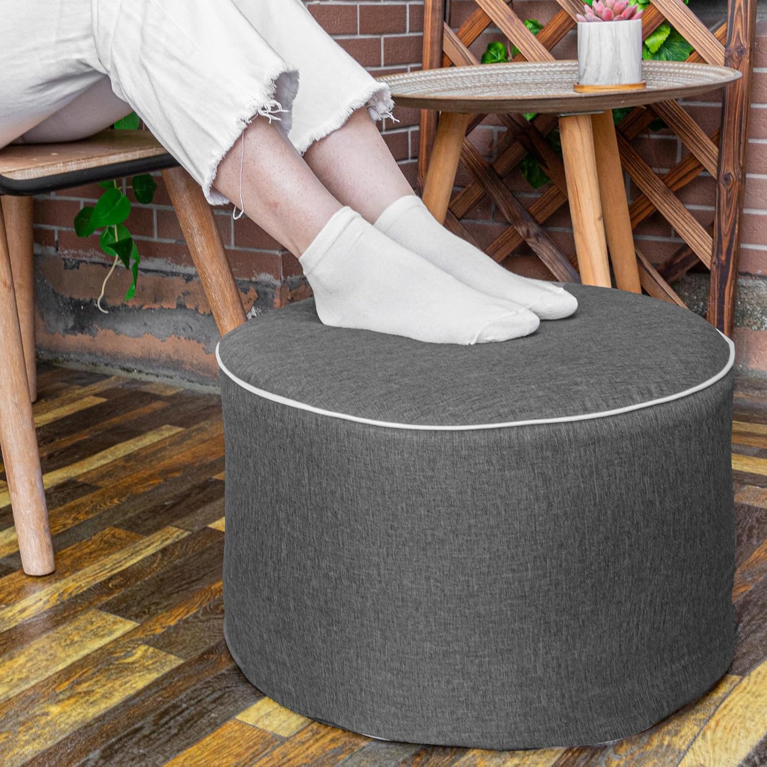 Outdoor Indoor Foam Stuffed Ottoman All Weather Waterproof Round Ottoman Footrest Stool D20x H12 Inches Boho Foot Rest for Patio Living Room Porch Outdoor Seating Garden Camping Dark Gray