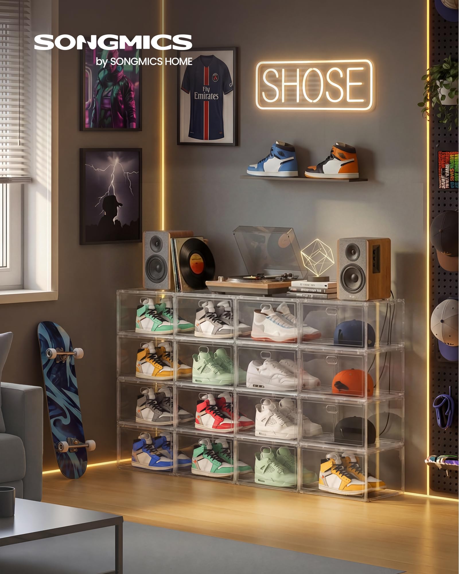 SONGMICS Cajas de Zapatos, Transparentes Apilables, Organizador de Zapatos, para hasta la Talla 47, con Puerta Magnética, Plástico, Juego de 6 LSP706WH01
