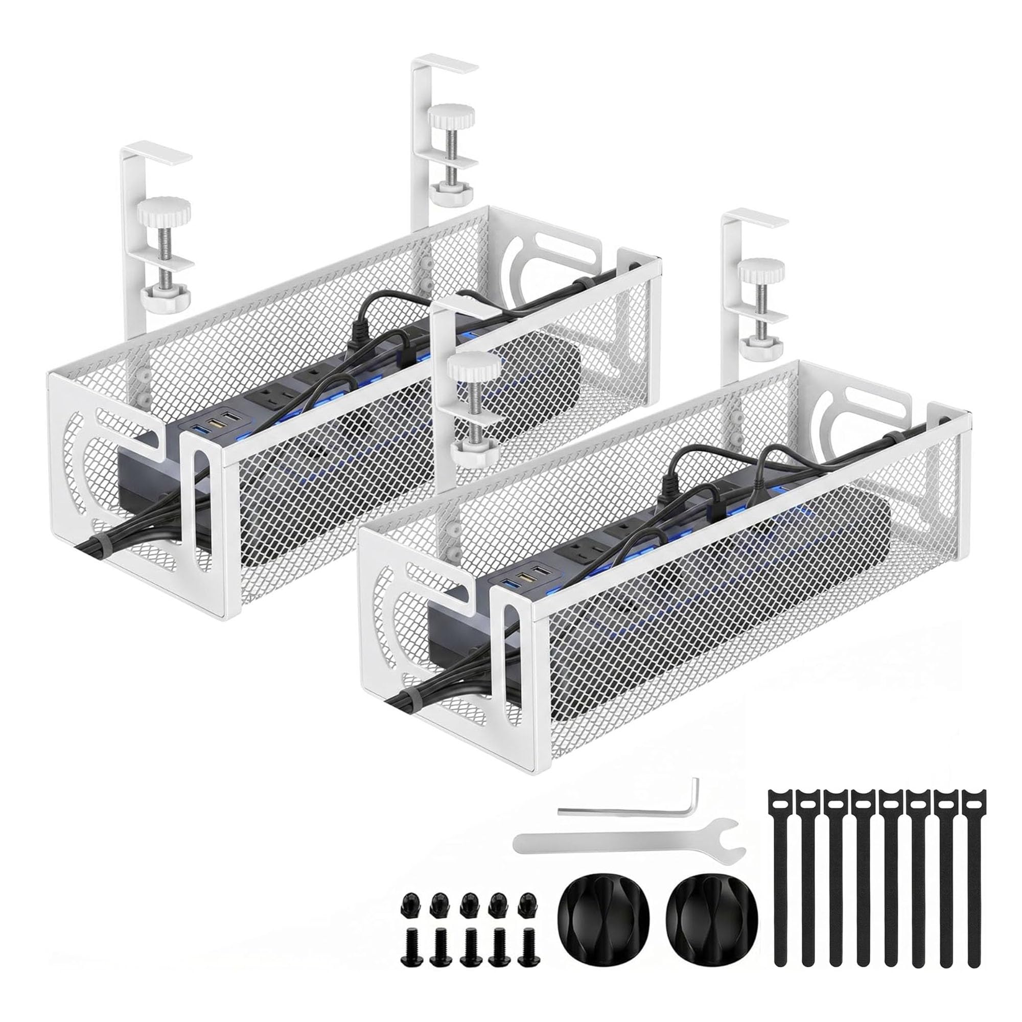 EcoFirst Under Desk Cable Management Tray No Drill Clamp Mount - Carbon Steel Wire Organiser for Standing Desk, Home, Office - Heavy Duty Basket with Side Design and Protective Pads, (White, 2 Pack)