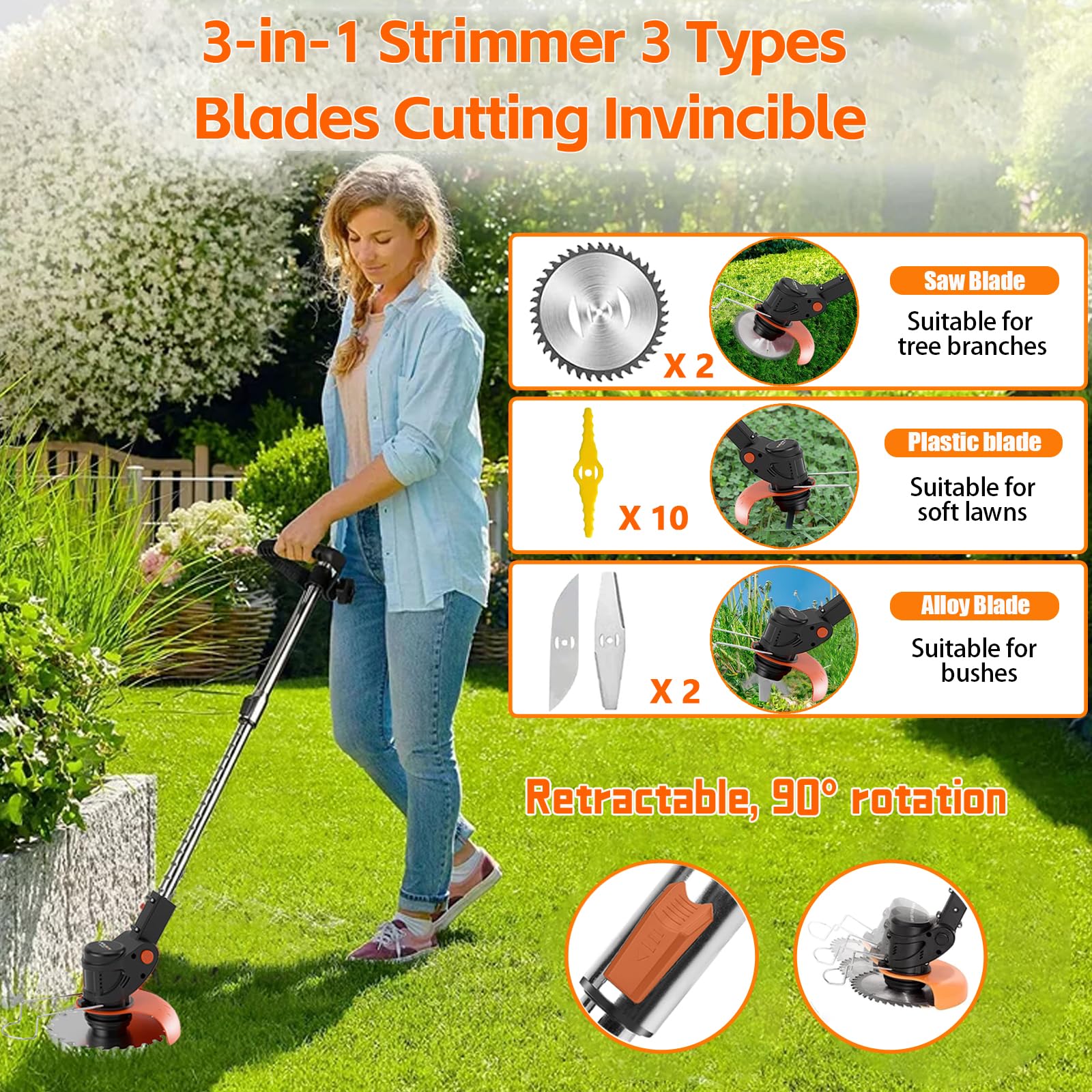 Decespugliatore, decespugliatore da giardino con lame in metallo, decespugliatore senza fili con 2 batterie e caricabatterie UK