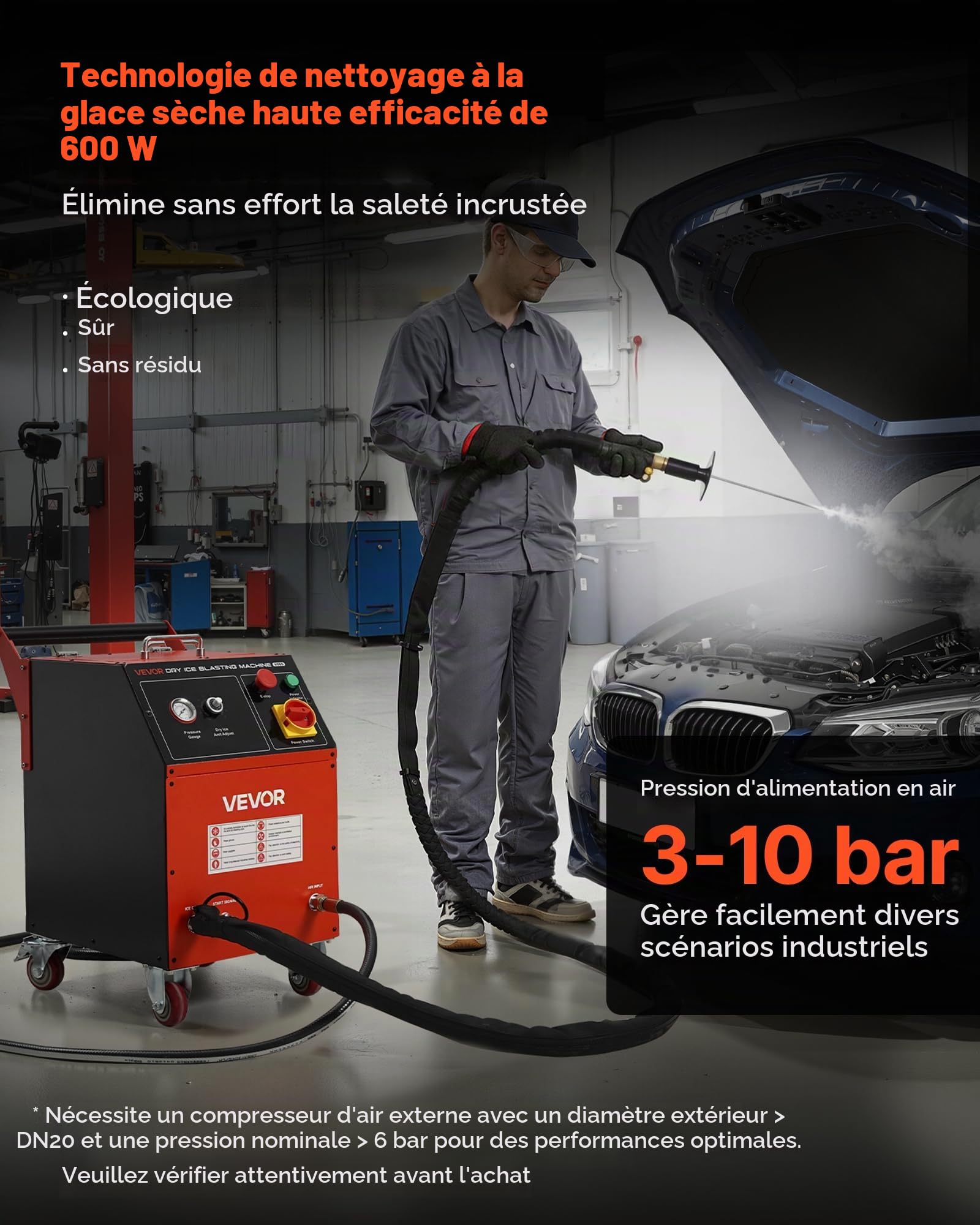 VEVOR Machine de Projection de Glace Sèche, Capacité 5 kg, Machine de Nettoyage Cryogénique 4 Buses, Pression Quantité Réglables, Nettoyeur à Jet Mobile pour Auto, Navire, Aviation, Produits Chimiques