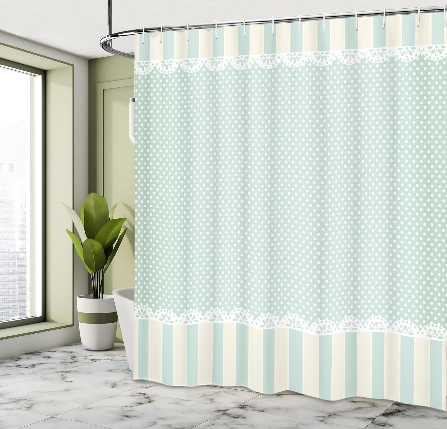 Ambesonne Shabby Flora Shower Curtain, Traditional Old Fashioned Vertical Stripes Ornaments and Dots, Cloth Fabric Bathroom Decor Set with Hooks, 69" W x 84" L, Almond Green Cream White