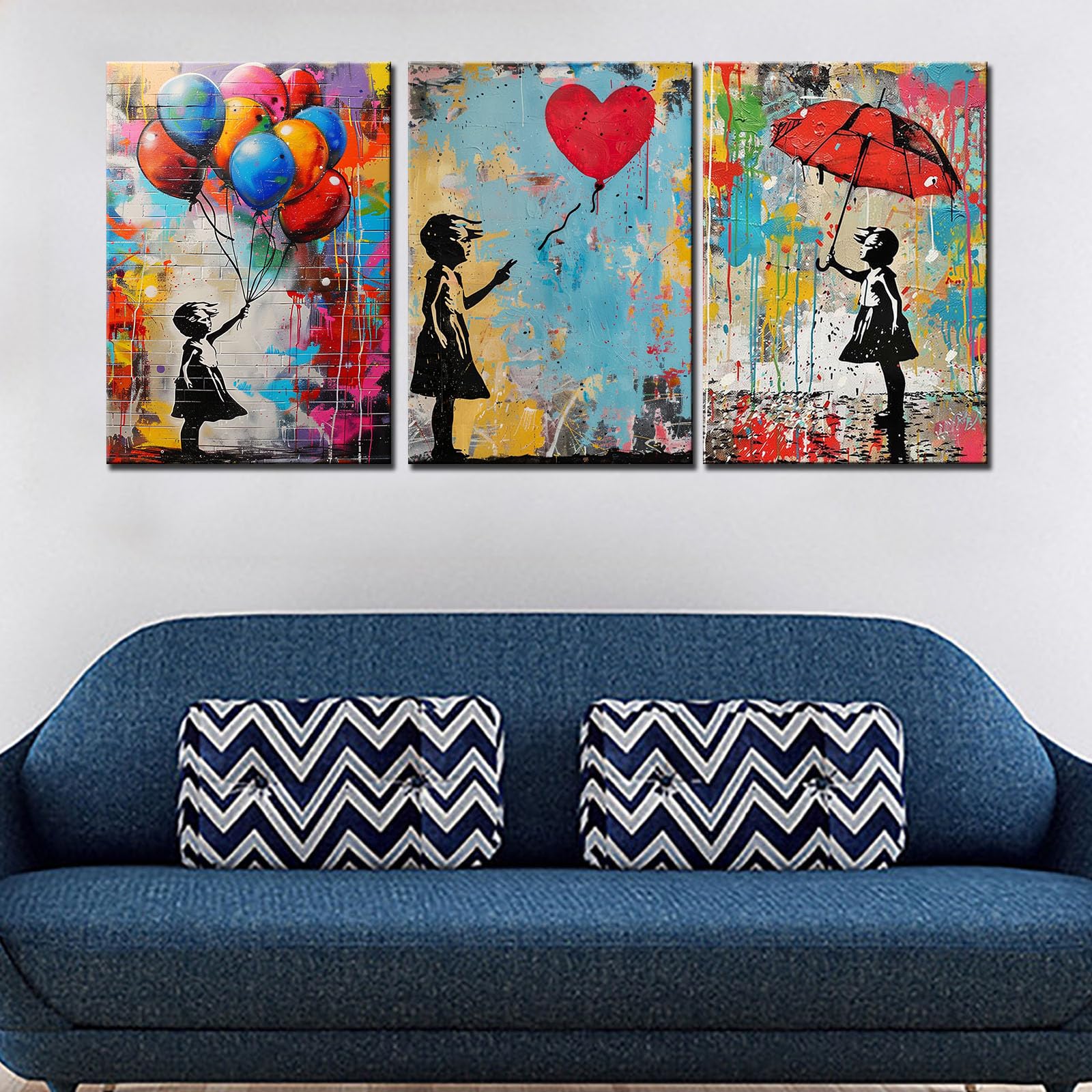 Tucocoo Banksy Wall Pictures for Living Room Street Art Little Girl Paintings Colorful Canvas Graffiti Balloon Red Umbrella Wall Art Creative Artwork Home Decor Framed Ready to Hang (14"x20" x 3Pcs) - Image 4