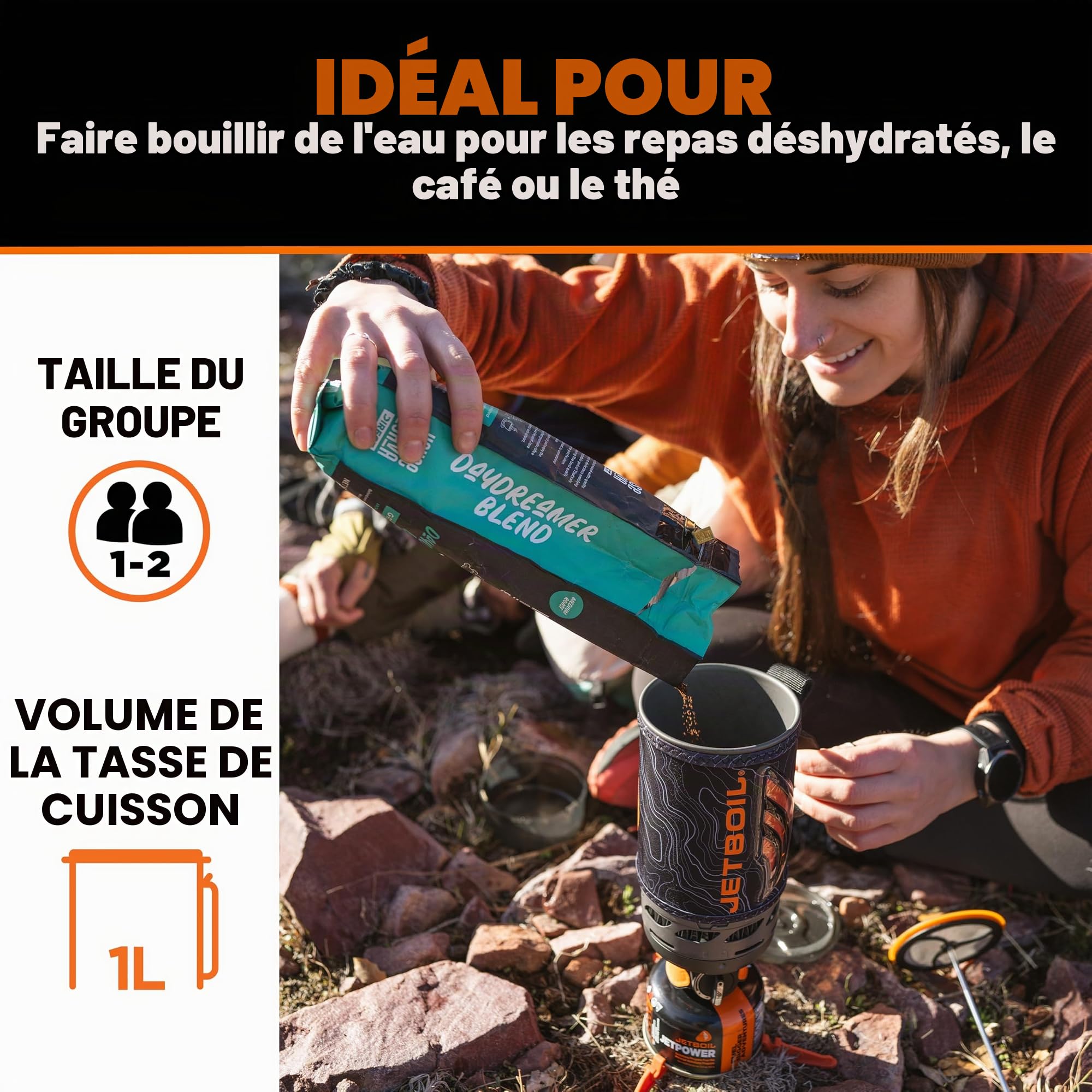 Jetboil Flash Réchaud portable à ébullition rapide avec presse française en silicone et allumage automatique pour camping et randonnée, brûleur au propane/isobutane avec tasse de cuisson, nouveau pour