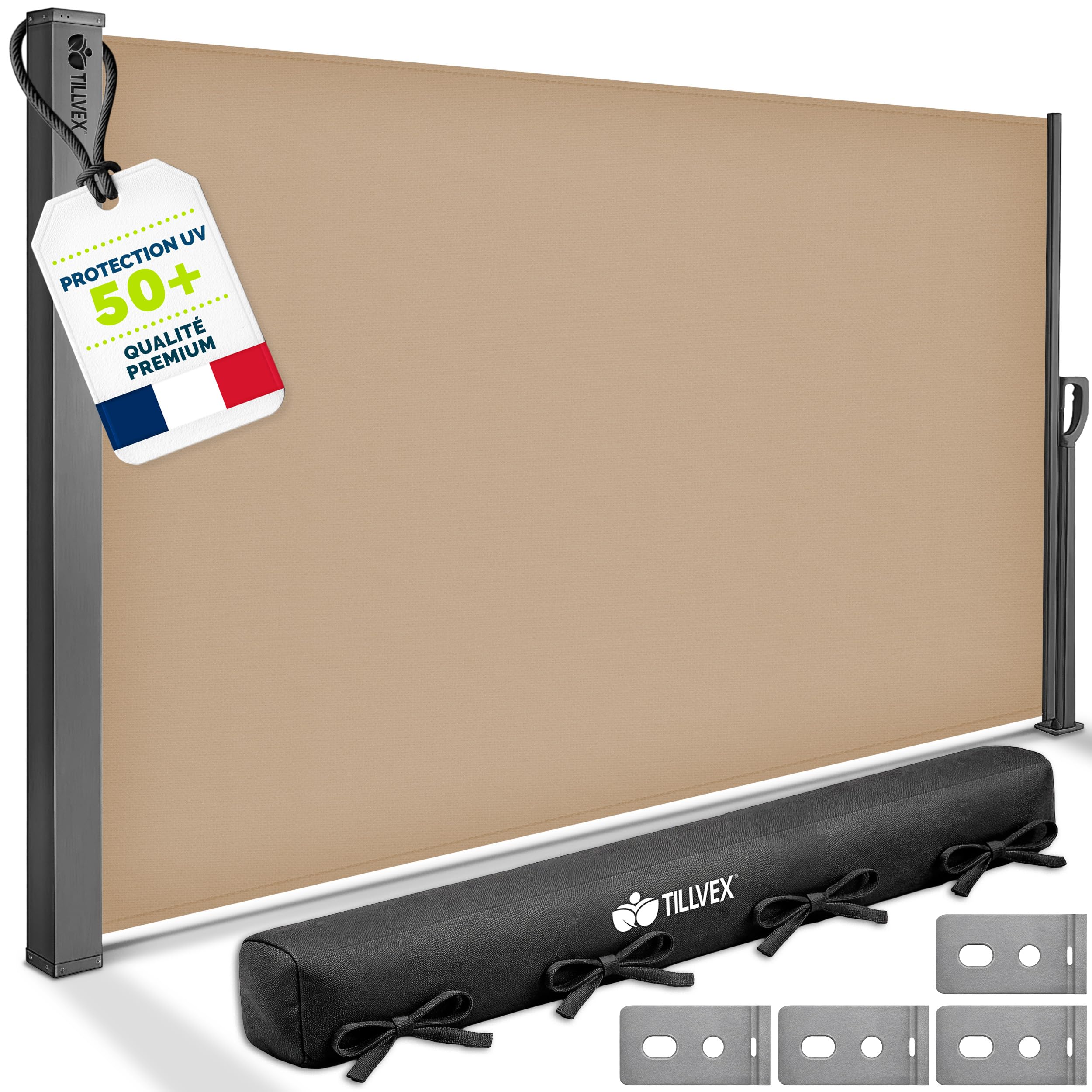 tillvex® Store latéral 160 x 400 cm extensible et opaque avec Housse de protection | Brise-vue pour balcon, jardin et terrasse | Support mural | Protection solaire en acier inoxydable | Contre le vent