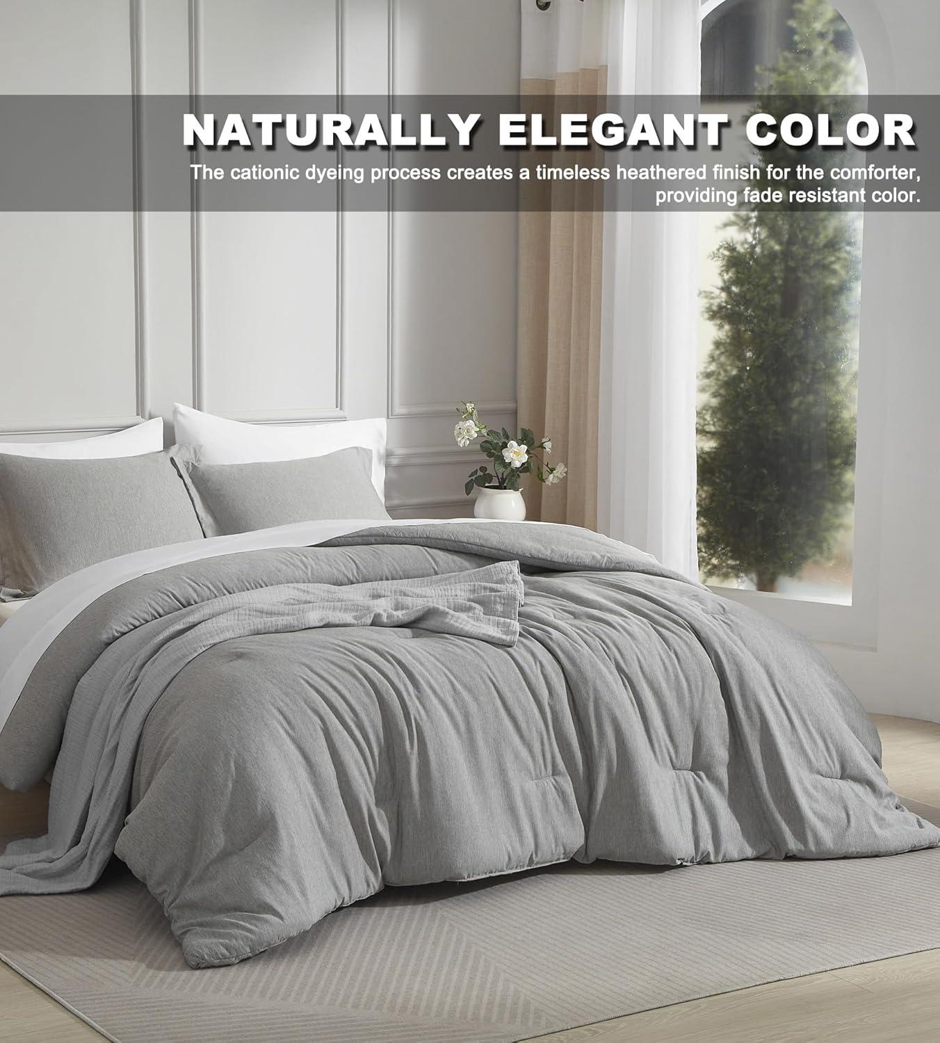 3 Piece Queen Size Comforter Set, Cationic Dyed Heathered Bedding Set, Soft All Season Comforter 104"x90" with 2 Pillow Shams 20"x36", Duvet Insert with 4 Corner Loops, Dark Gray - Image 3
