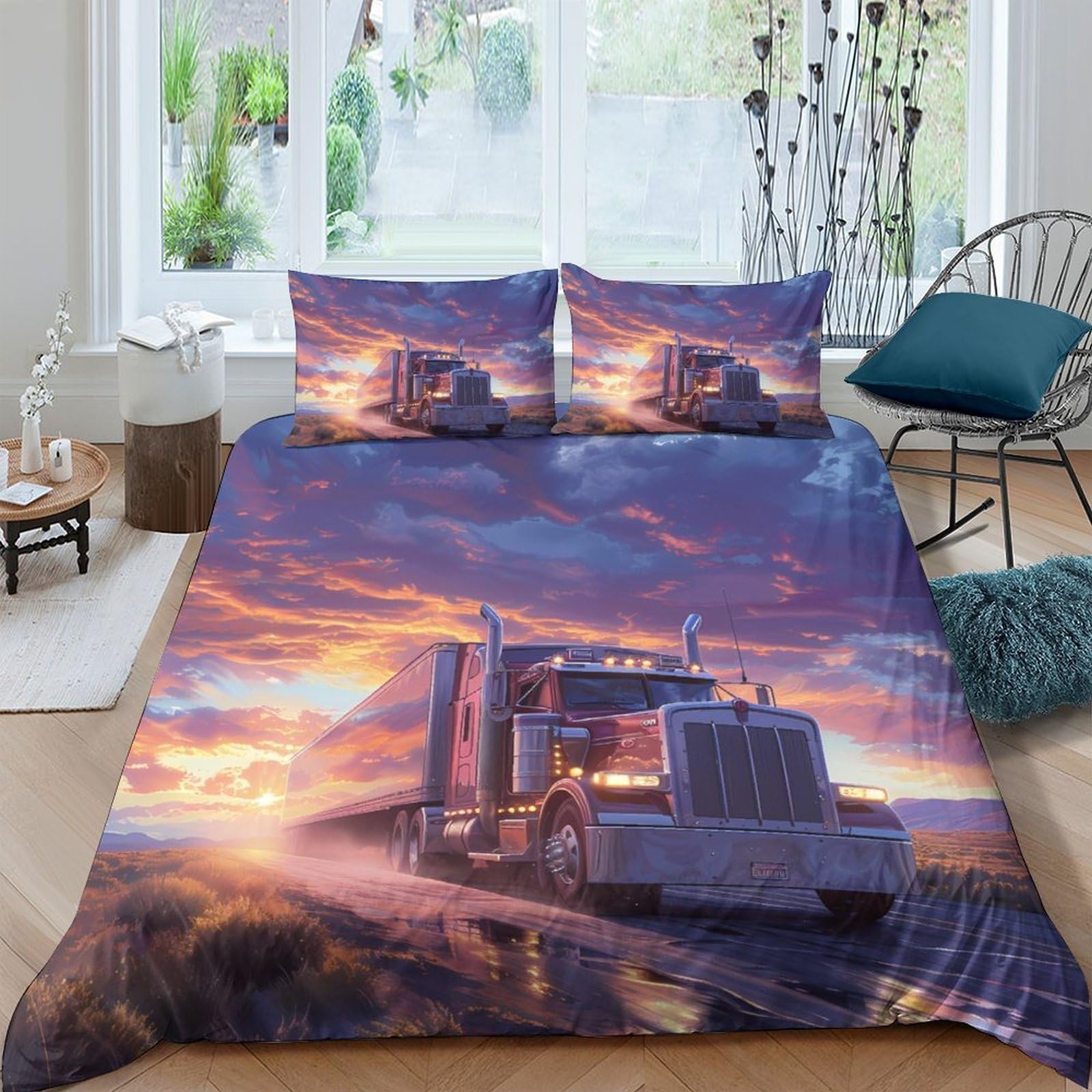Ctjqhvkz Style-4 3D Printed Truck Sunset Fitted Sheet Microfiber Soft Breathable Road Landscape Bed Cover For Bedroom Dorm Decor Single（135X200cm）