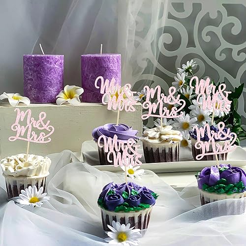 Miniatura 7 de Gyufise 36 piezas de decoración para cupcakes Mr & Mrs con purpurina Mr & Mrs para cupcakes de boda, compromiso, decoración de pasteles para boda,