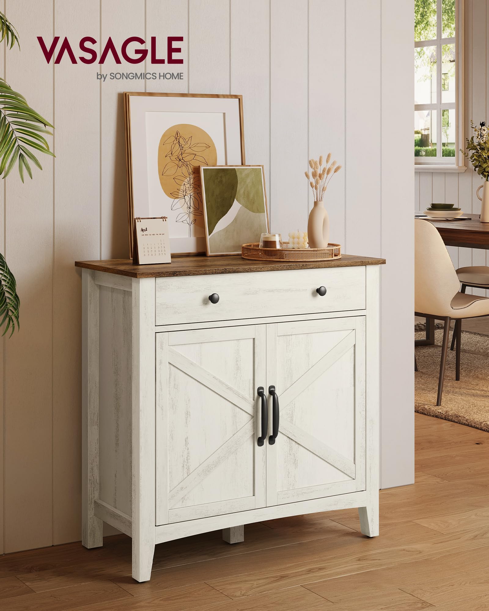 VASAGLE LIRY Colección - Aparador, Armario de Almacenaje con Cajón, Armario de Cocina con Puertas y Estante Regulable, para Salón, Comedor, 40 x 80 x 80 cm, Blanco Rústico y Marrón Miel BBK341W01