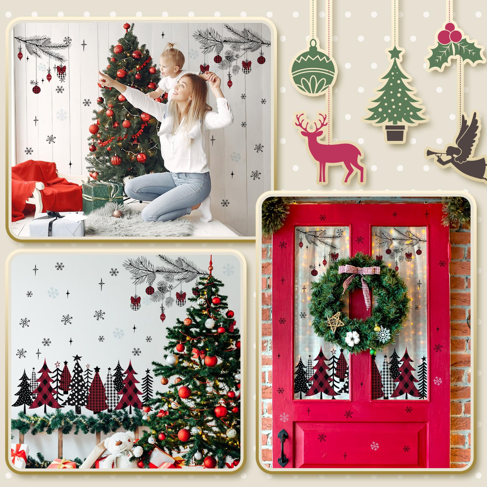 Qeeenar 3 hojas de calcomanías de pared de Navidad, calcomanías de Navidad para ventana, calcomanías de árbol de Navidad, calcomanías de pared extraíbles para invierno, sala de estar, decoración de