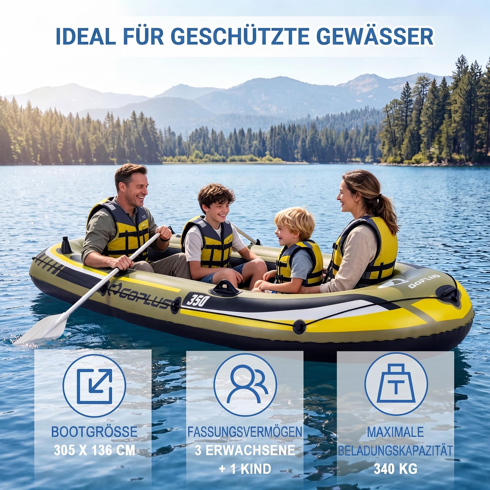 COSTWAY Schlauchboot für 3 Personen, aufblasbares Boot mit 2 Paddeln, Handpumpe, Fischmaßbändern & Angelrutenhaltern, 305 x 136 x 42 cm