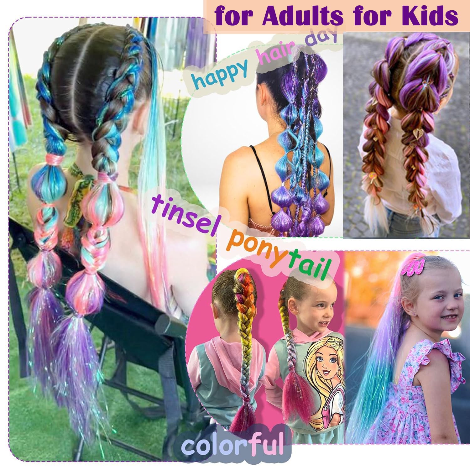 PORSMEER 3 Packs Ponytail Extension 24 inch Blue/Yellow/Pink Colored Hair Extensions Glitter Tinsel Mixed for Braiding Ombre Pony Tail for Braids with Hair Tie Glitter Hair for Festival/Party - Image 4