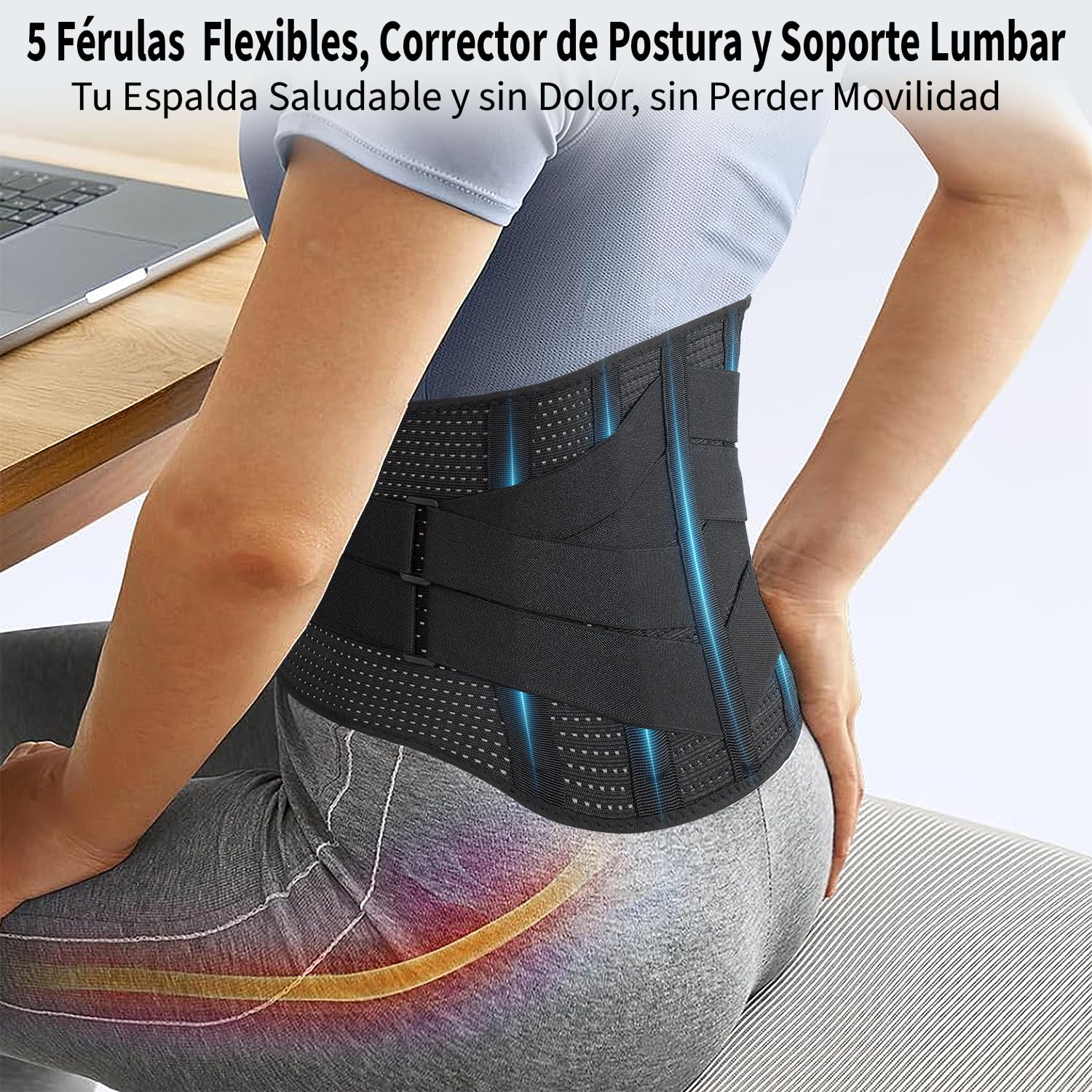 Faja Lumbar Hombre y Mujer de Trabajo – 5 Férulas y 8 Puntos de Compresión – Alivio Dolor Espalda, Ciática y Hernia – Cinturón Lumbar Ergonómico y Transpirable – M
