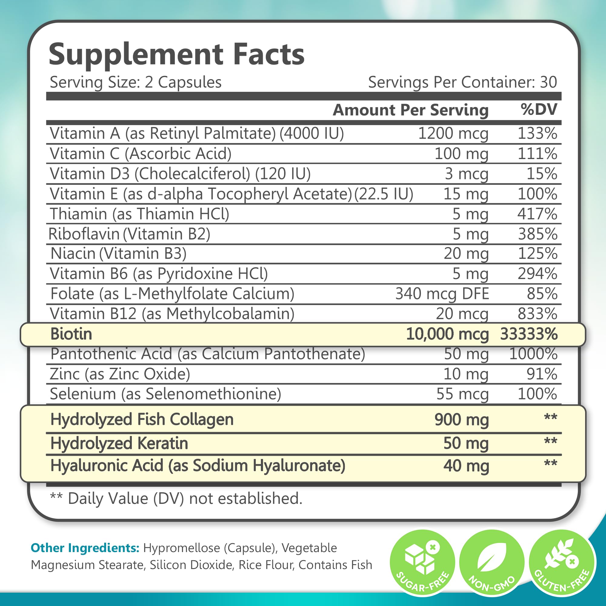 Biotin Collagen & Keratin – Hair, Skin & Nails Vitamins, 45,000 MCG Vitamin Complex (A, B1, B2, B3, B6, B7, C & E)–Biotin for Hair Growth for Women & Men, Hair Vitamins-60 Capsules–Made in USA