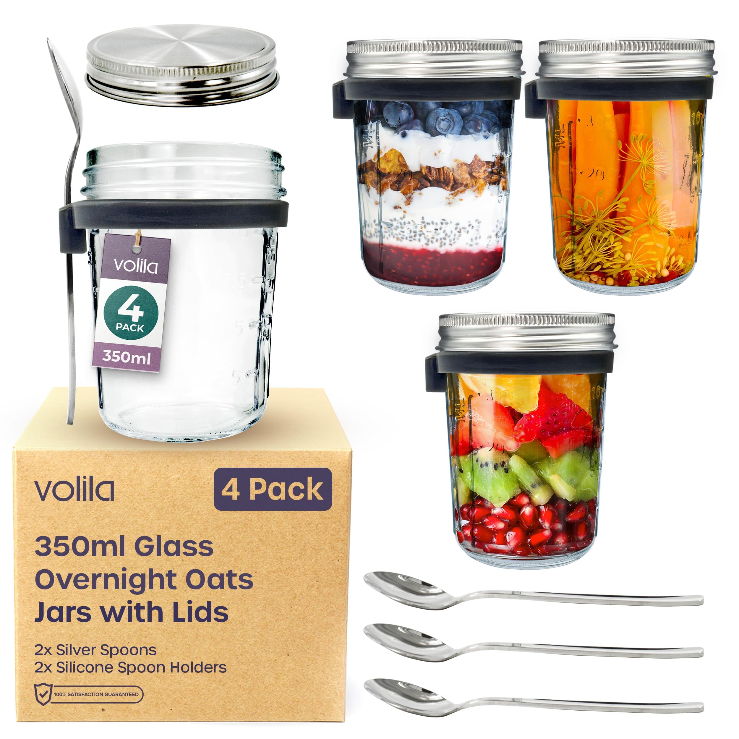 volila Overnight Oats Jar - 4 Pack Overnight Oats Jars with lids 350ml - Breakfast Jars for Overnight Oats, Fruit Salad, Cereals, and Milk - Overnight Oats Container with Silicone Spoon Holder