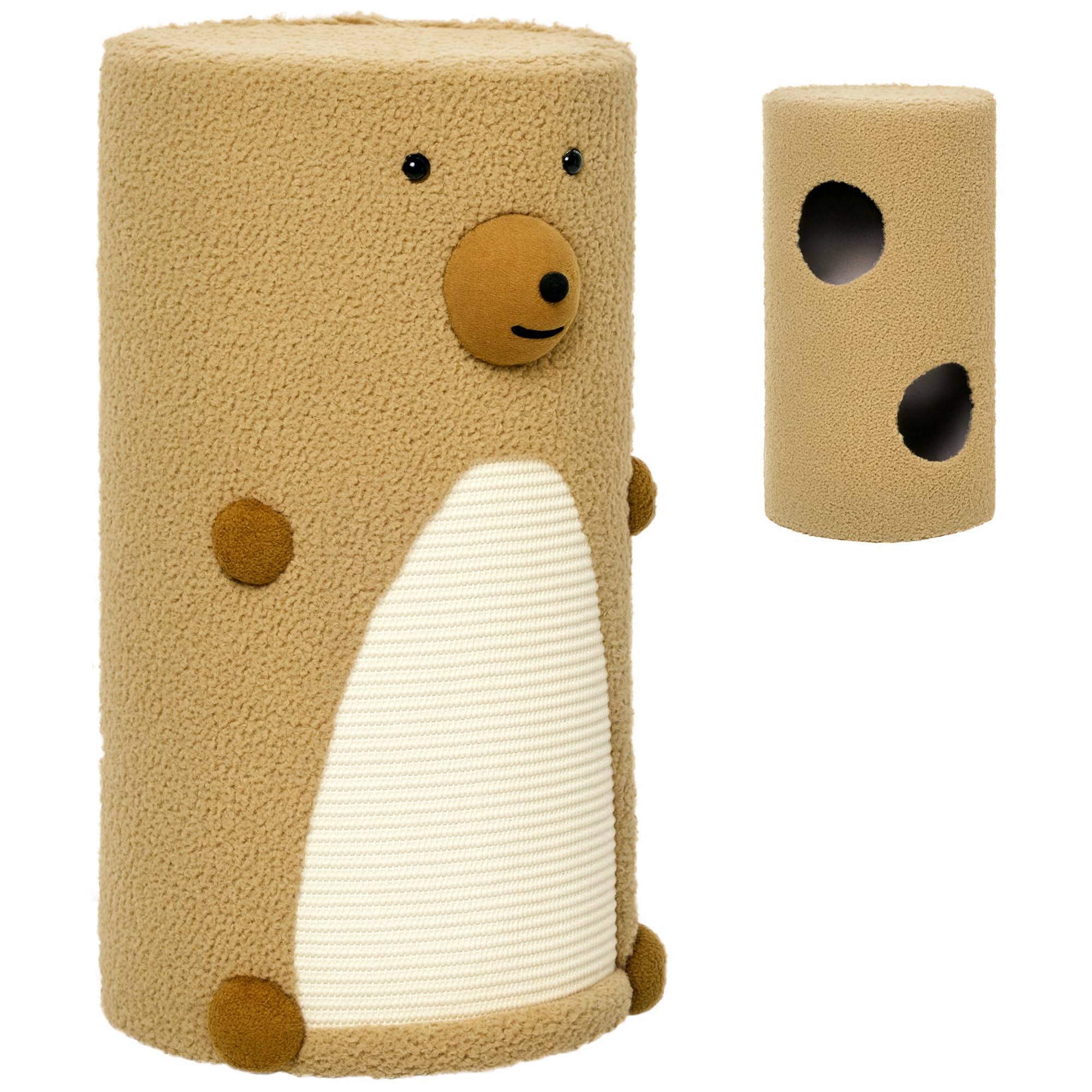 PawHut Kratztonne, Höhe 66 cm, Kratzturm mit 2 Ebenen, Katzentonne mit Kratzbrett, Katzenturm mit 2 Höhlen, Katzenkratzbaum im Bärendesign, Hellbraun
