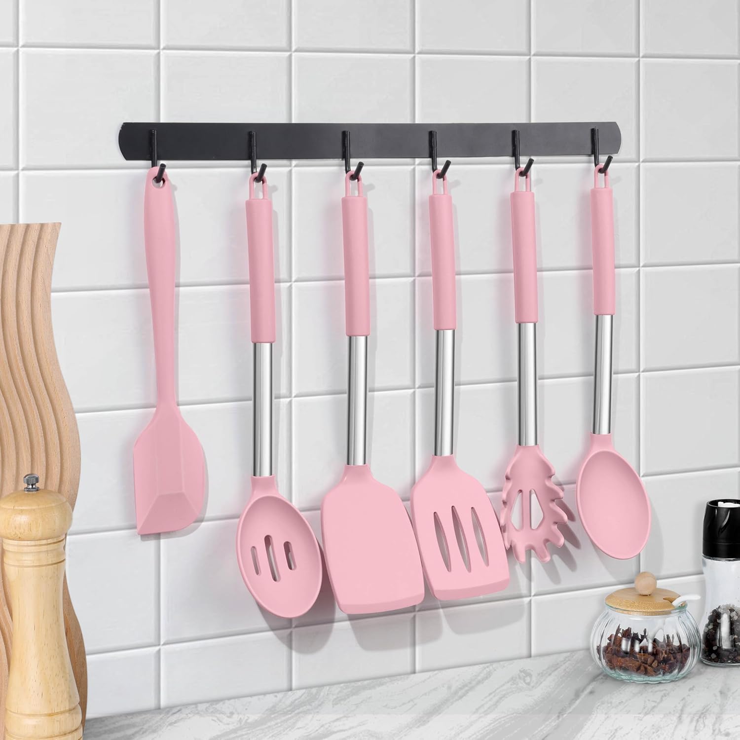 LIANYU 15 Piece Cooking Utensils Set with Stainless Steel Handle, Silicone Kitchen Gadgets with Holder, Heat Resistant Spatula Spoon Turner Tong Whisk Brush Tools for Cooking, Dishwasher Safe, Pink