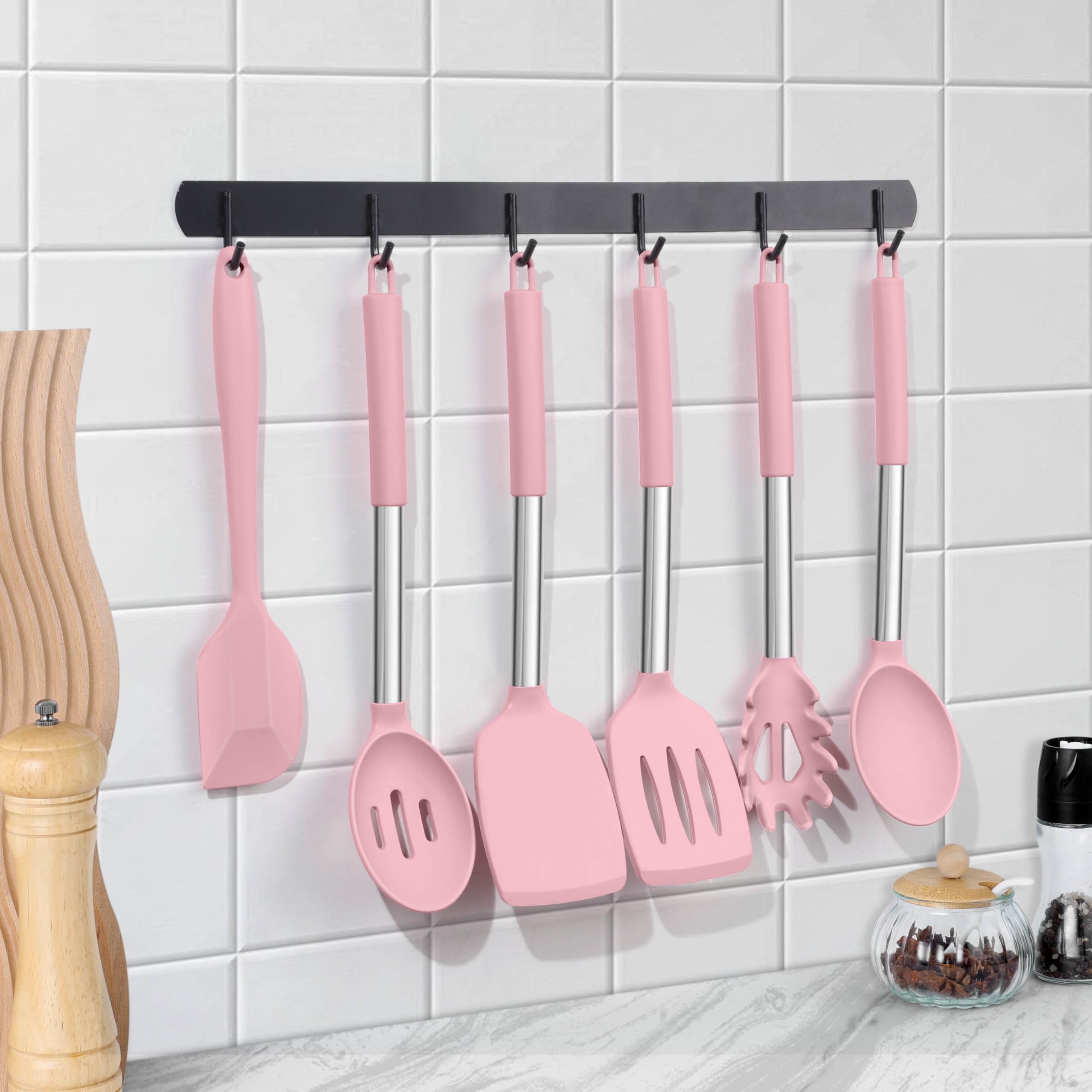 LIANYU 15-teiliges Kochutensilien-Set mit Edelstahlgriff, Silikon-Küchenhelfer mit Halter, hitzebeständiger Spatel, Löffel, Pfannenwender, Zange, Schneebesen, Bürstenwerkzeuge zum Kochen