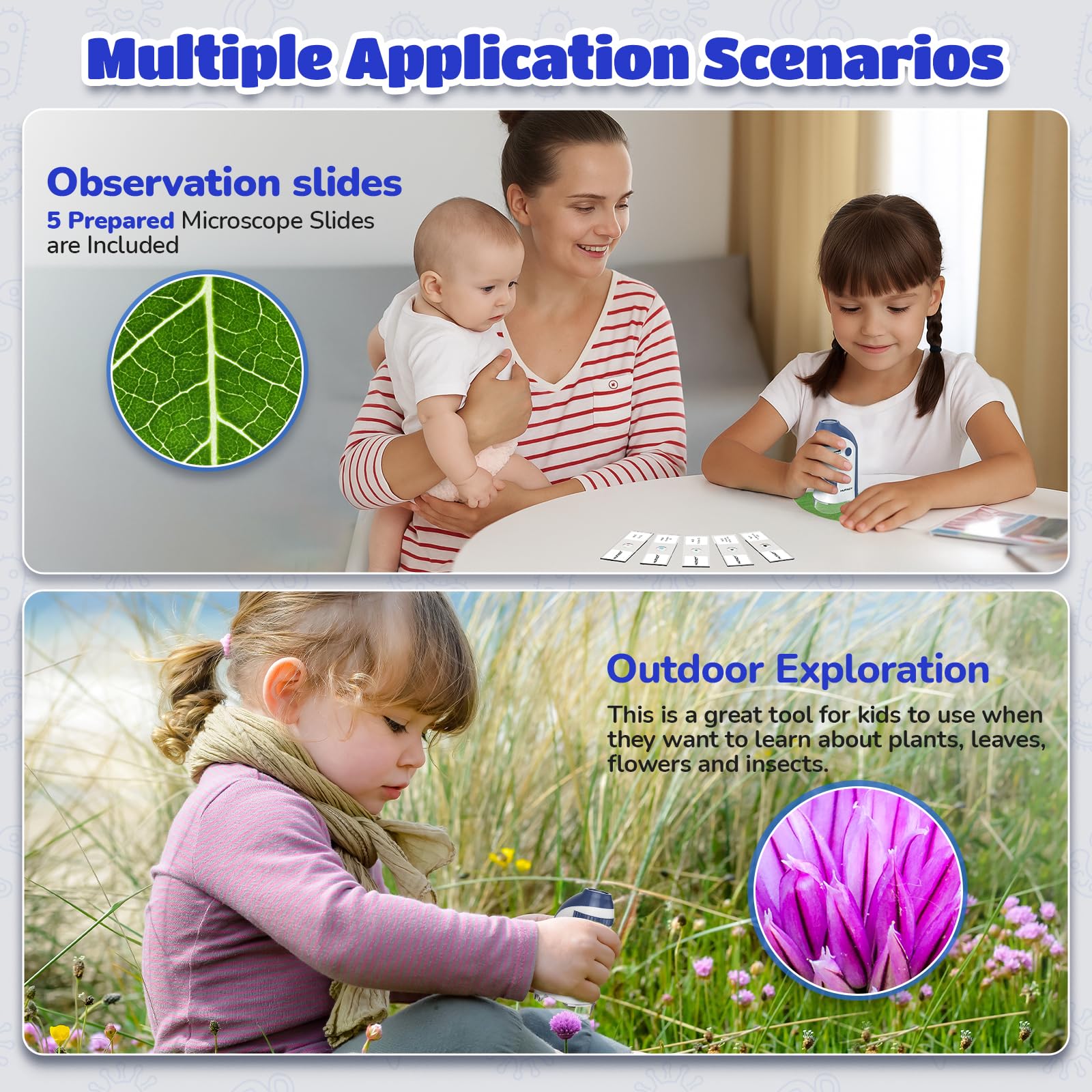 Microscopio Tascabile con Set di Vetrini: 60x-135x Microscopia Mini a LED Microscopio Portatile Bambini Regalo Educativo per Studenti Adulti Osservazione Microbiologica - blu
