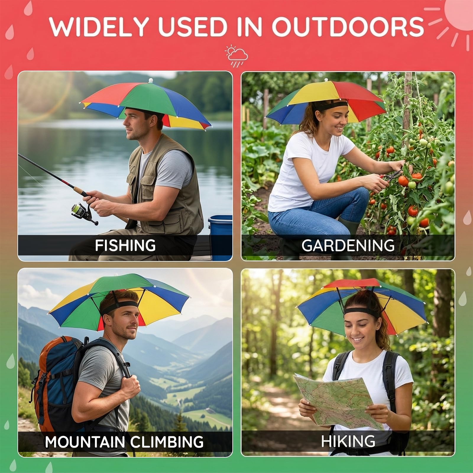 Ombrelli Protezione UV, Pieghevole Cappello Ombrello Regolabile Arcobaleno per Pesca, Spiaggia - Testa per Adulti e Bambini all'Aperto